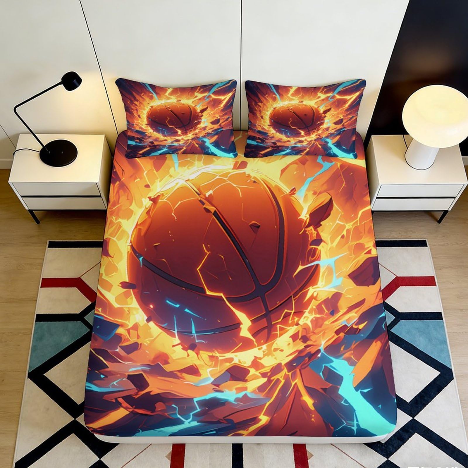 3D Printed Flame Basketball Fitted Sheet Microfiber Deep Pocket Non-Slip Bedding Flame Basketball Mattress Fitted Cover Washable 140x200x25cm