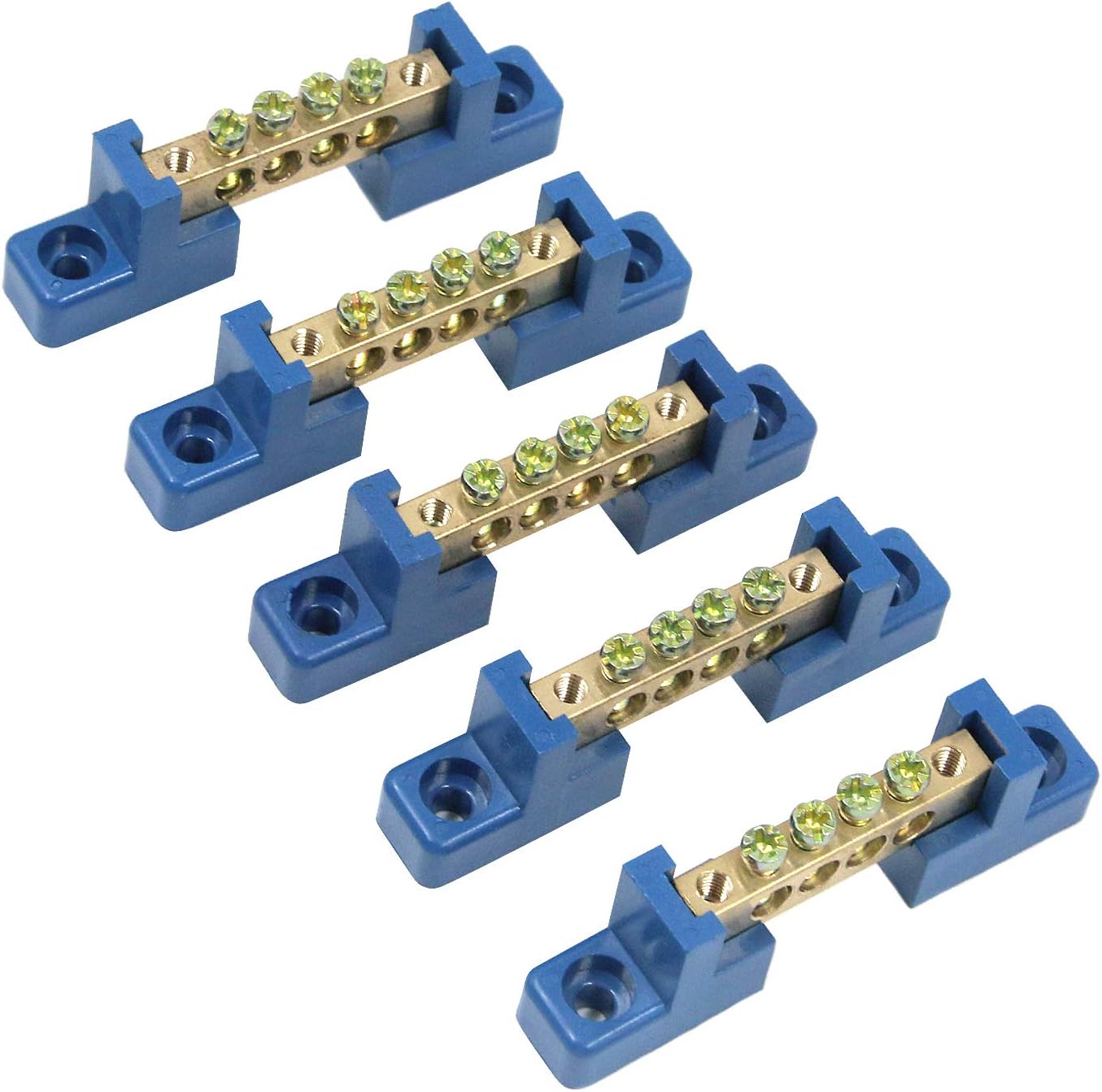 MY MIRONEY Terminal Block Blue Terminal Bus Bar 4 Positions Screw Brass Terminal Grounding Strip Bus Bar Block Pack of 5