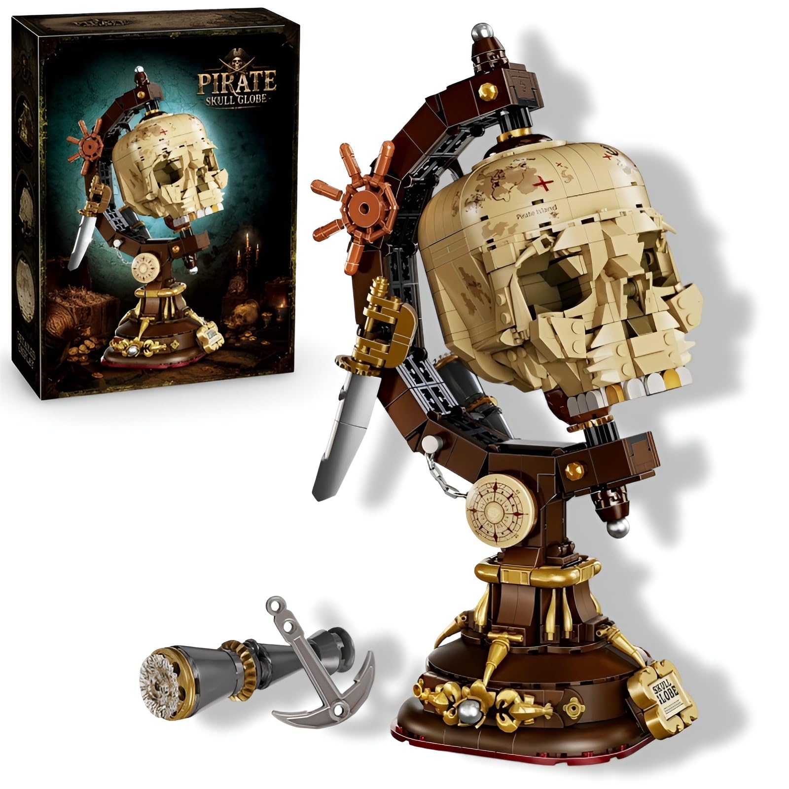 JVAVNE Pirate Skeleton Globe Building Blocks Set, 1136 PCS Skull Globe Building Kit, Gothic Halloween Horror Pirate Bricks Model Toy, Gift for Adults and Teens