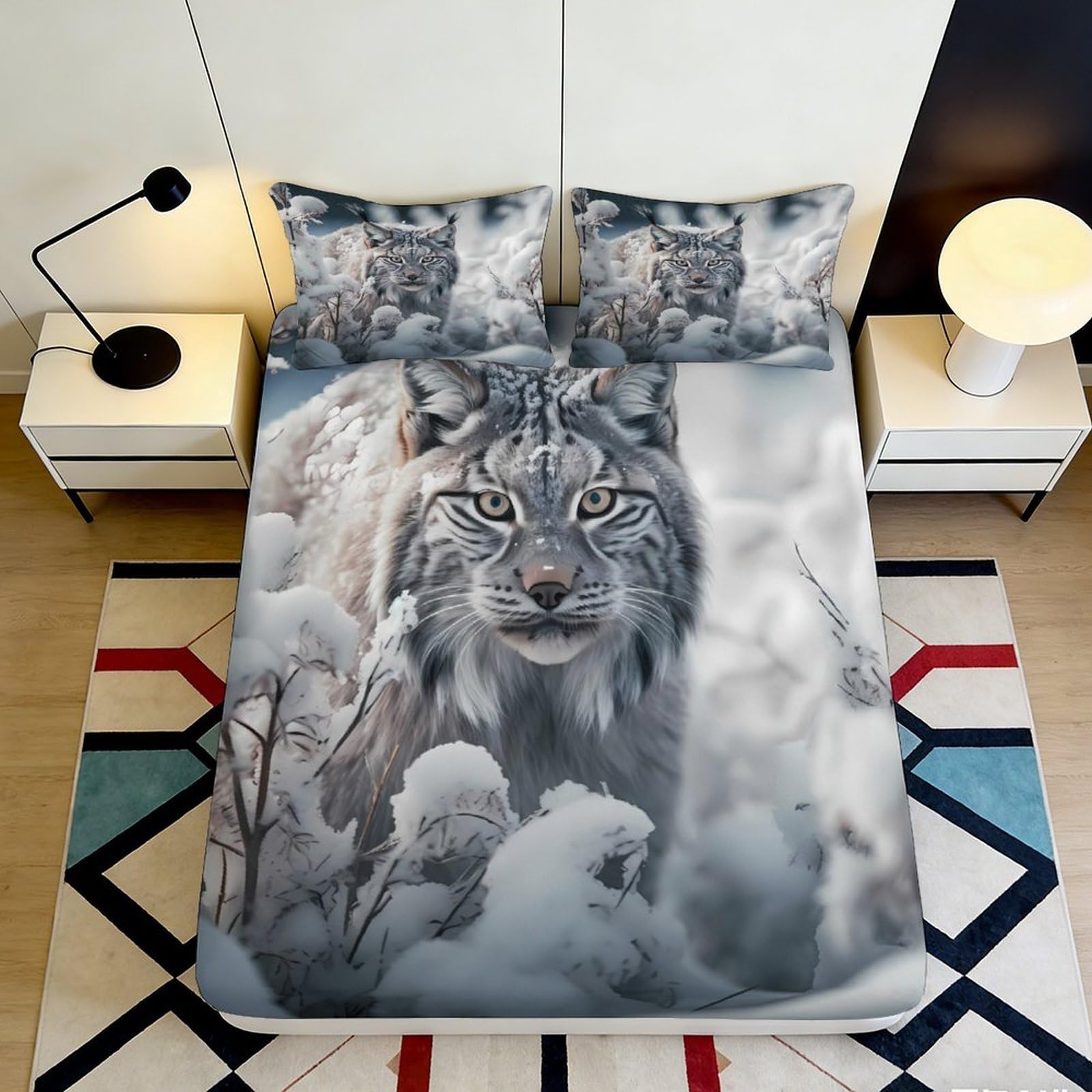 3D Printed Snow Lynx Fitted Sheet Microfiber Soft Breathable Winter Forest Bed Cover for Bedroom Dorm Mattress Decor 90x200x25cm