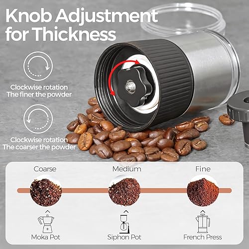 Miniatura 7 de Molinillo de café manual con rebabas de cerámica, manivela ajustable para expreso, vertido, prensa francesa, café de goteo, portátil y compacto,