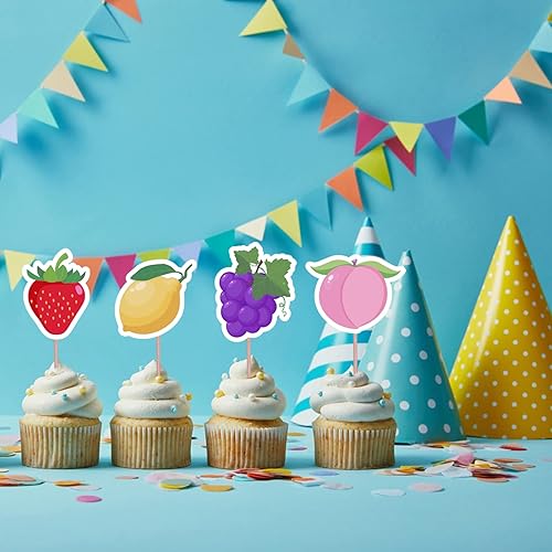 Miniatura 4 de 30 piezas de adornos para cupcakes de frutas, sandía, limón, uva, plátano, fresa, tartas para tutti frutti temática de frutas, decoración de boda,