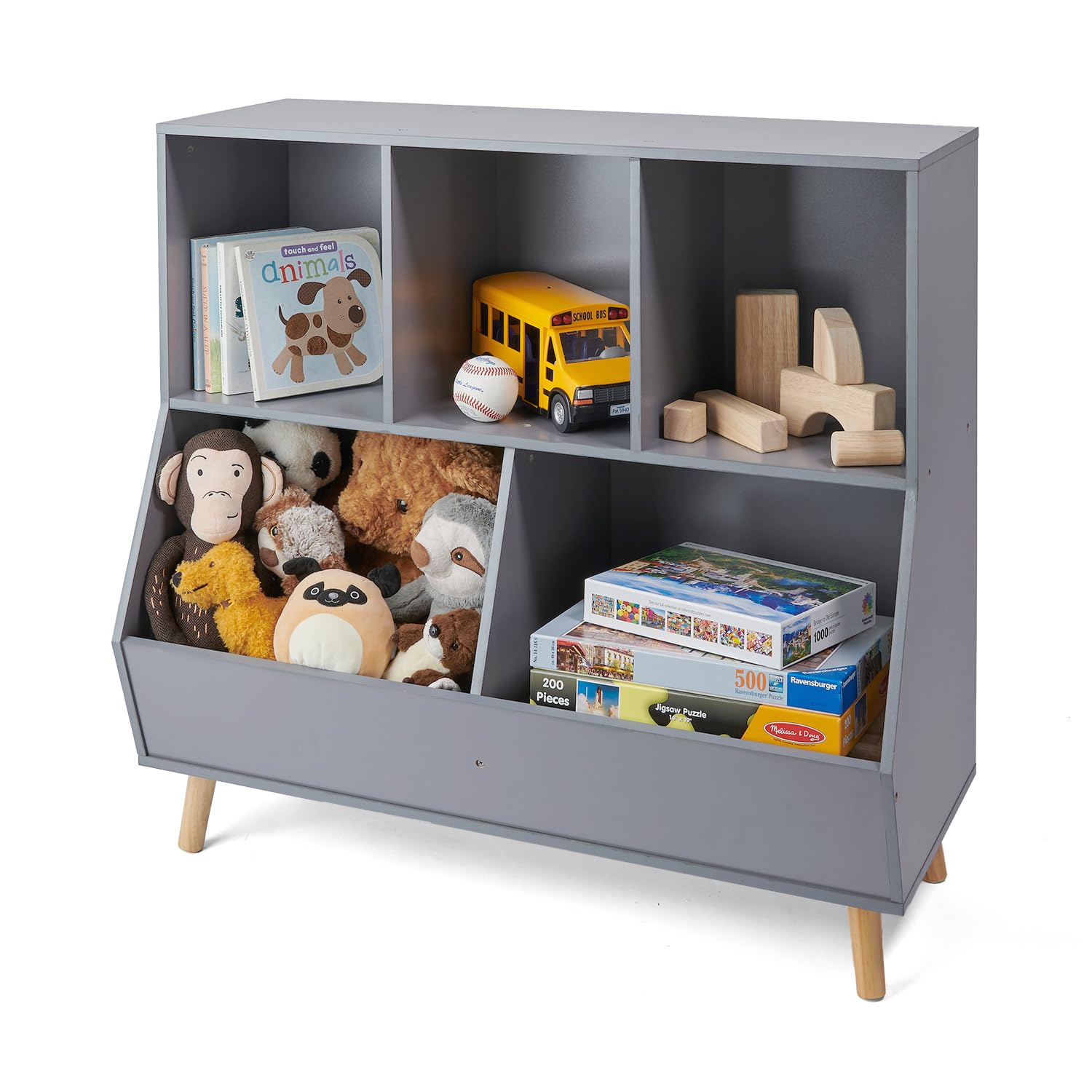 Badger Basket 5-Bin Storage Cubby with Feet - Wooden Organizer for Toys, Books, and Display, with Top Shelf, Cubbies, and Open Bins - Kids’ Room or Playroom Storage Solution - Gray