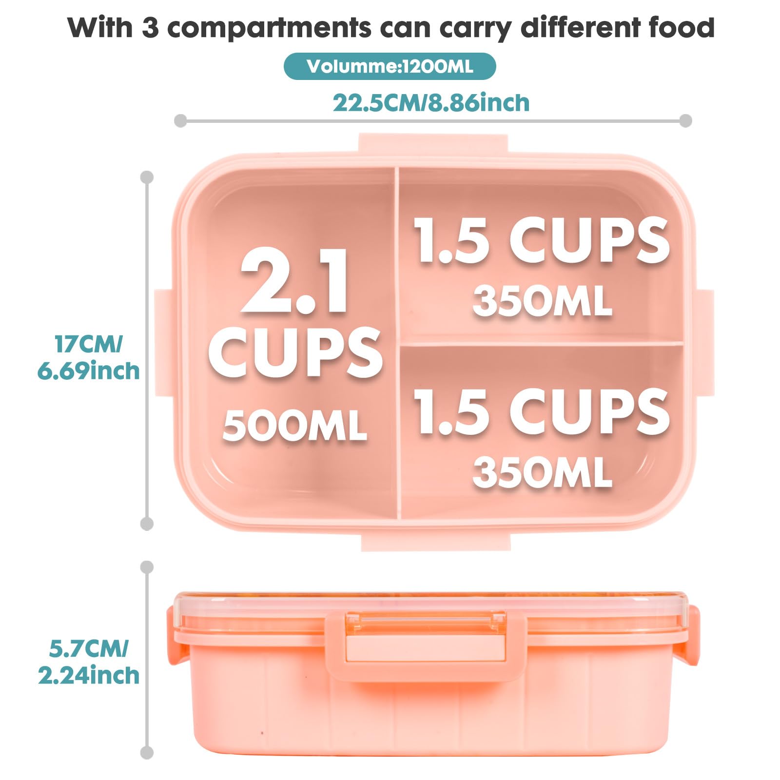 YOYTOO Bento Lunch Boxes for Kids, 1200 ml BPA-Free Leak-Proof Children Food Containers with 3 Compartments, Back to School Students Daycare Lunches Snack Container