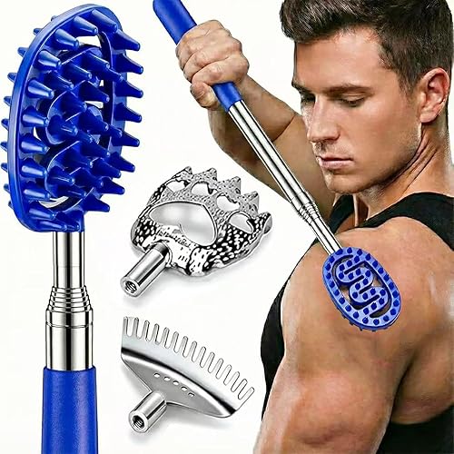 Oversized Back Scratcher Massager with 3 Detachable Heads, Stocking Stuffers for Men & Women, Extendable 30" Handle with Spikes, Rake & Bear Claw