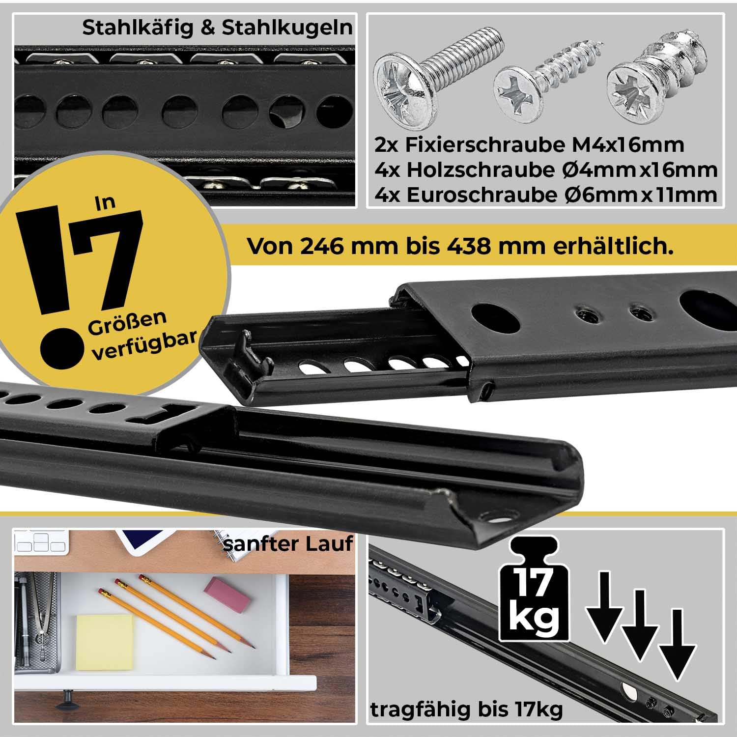 1 Pair of Drawer Runners 27 mm (2 Pieces) Length 278 mm Steel Black Rails for Drawers Drawer Slides Ball Drawer Rail System Extension Runners Partial Extension Including Screw Set Neuhall - Image 2