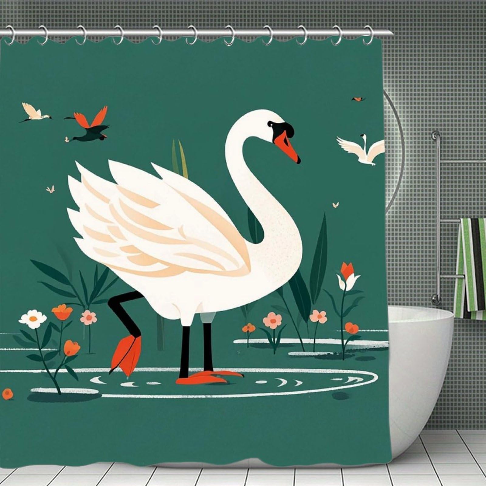 QMNLKH Ancient Flower Swan Shower Curtain with Hooks, Waterproof Bath Curtains for Bathroom, Lightweight Bath Curtains Liner for Hotel, Personalized Bath Curtain for Spa, 70.8 Inch