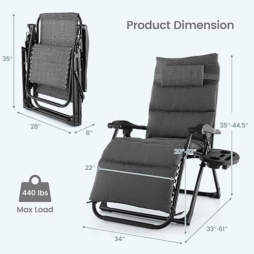 Miniatura 8 de Giantex Silla Zero Gravity con cojines de patio, silla reclinable plegable ajustable con almohada y soporte para tazas, sillón reclinable de césped