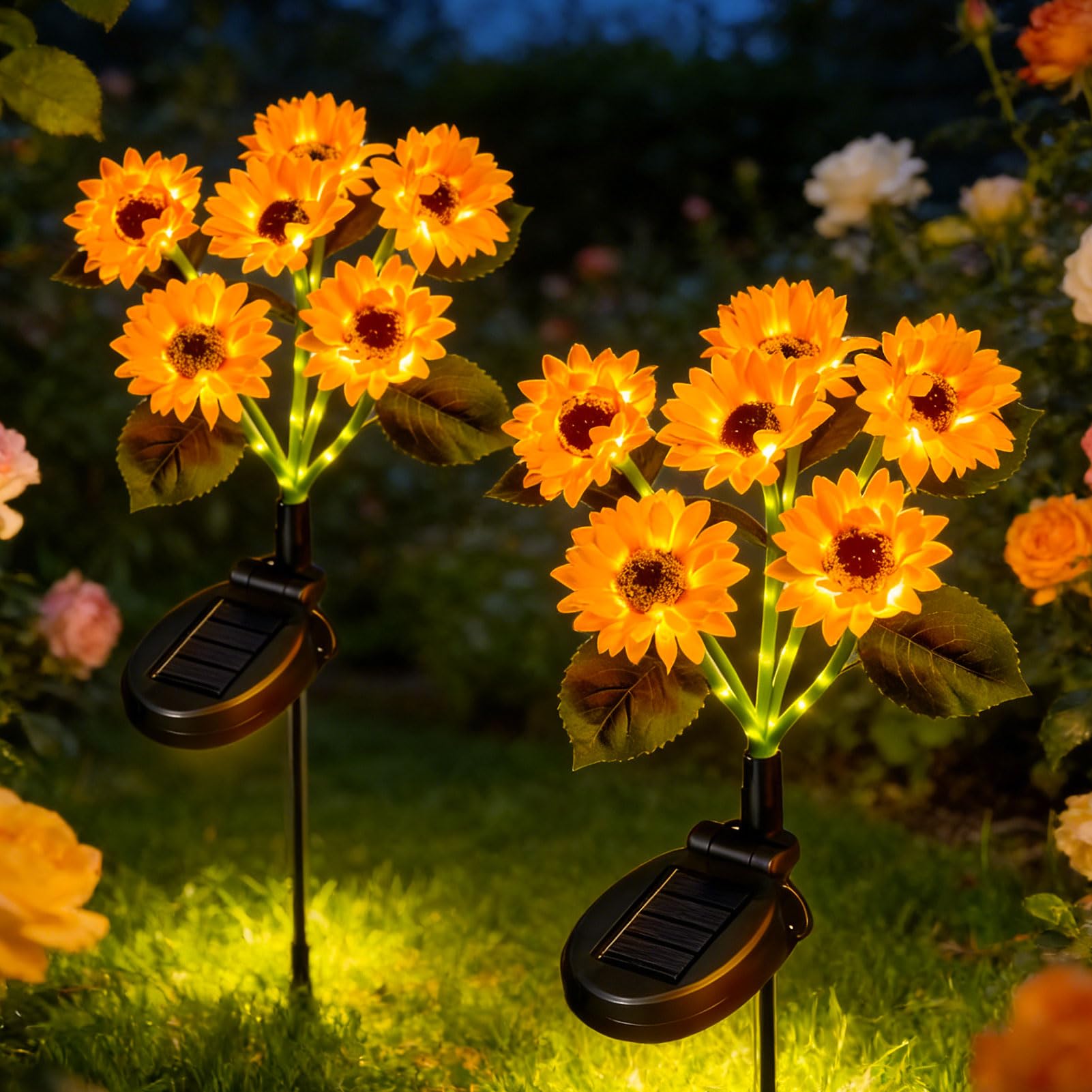 Lampada solare a forma di girasole, per esterni, giardino, 6 fiori, lampada solare da giardino, IP65, impermeabile, luce solare da giardino, per esterni, balcone, fioriere, terrazze, 4 pezzi