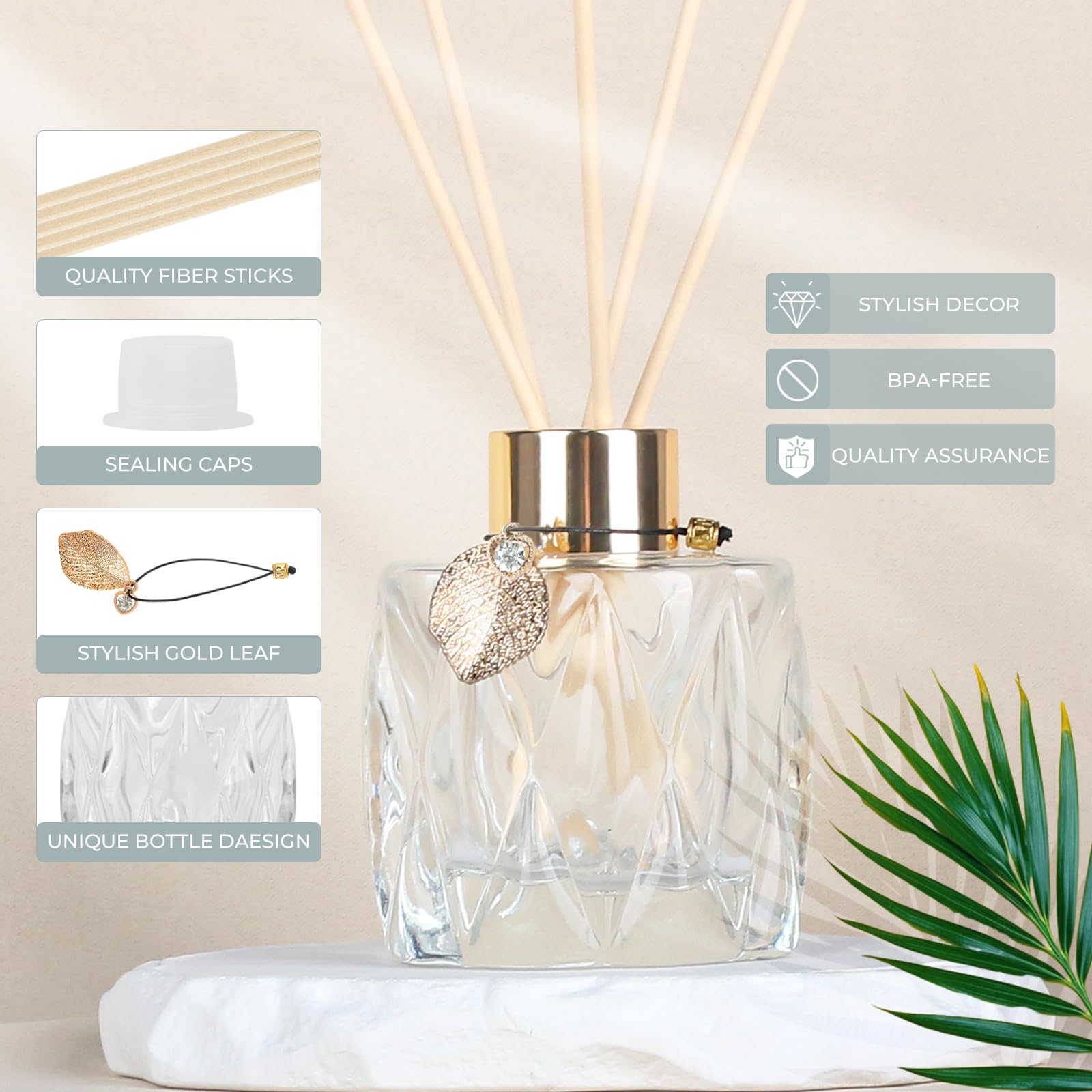 Juego de 4 difusores de varillas con decoración dorada de metal, botellas difusoras vacías de 3.5 onzas con 20 varillas difusoras de lengüeta, botellas de diseño único para el hogar y la