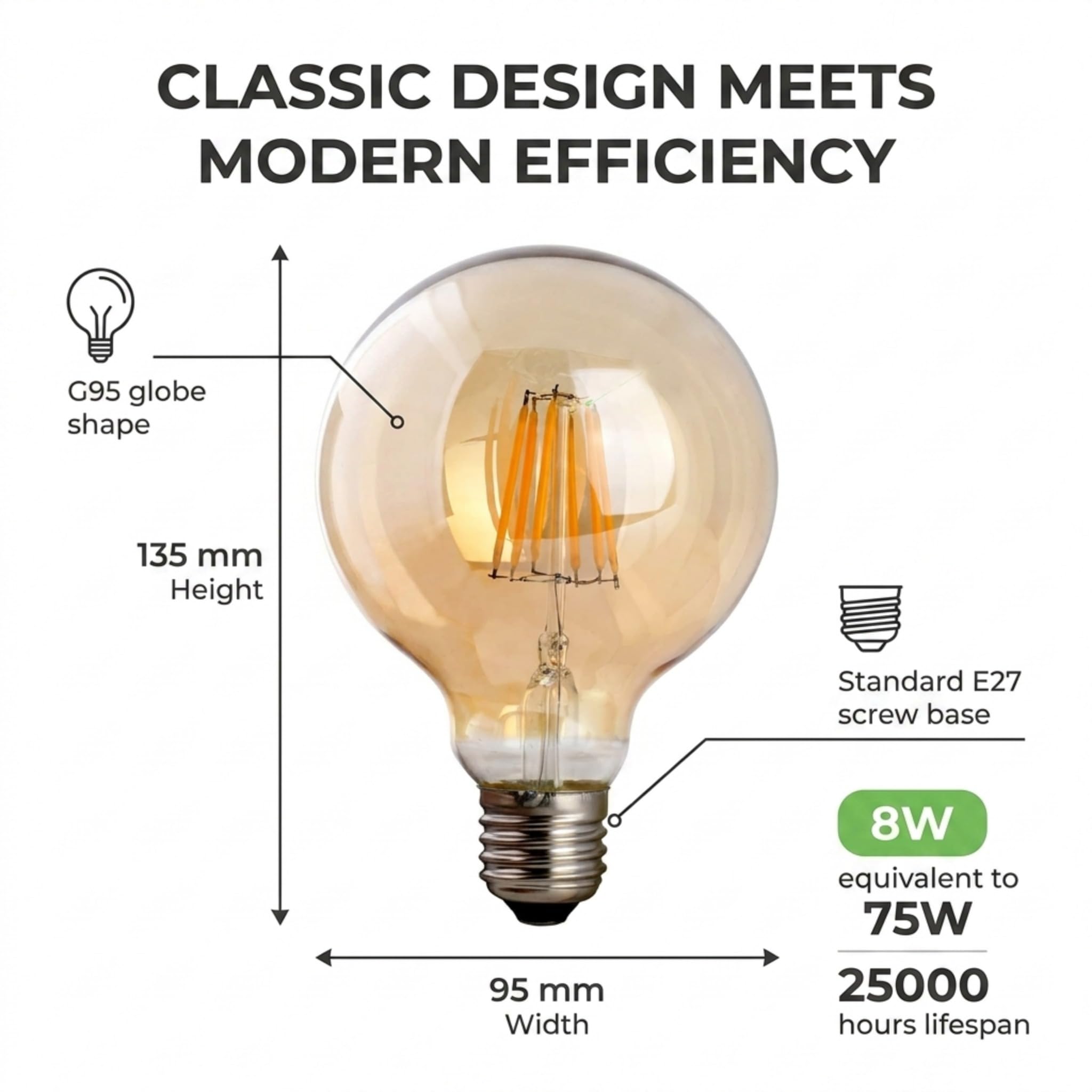 LEDSone Lampadina LED Edison dimmerabile 8W 450 lumen, forma globo G95, vetro trasparente, bianco caldo 2700K, luce di Natale, attacco standard E27 (10)