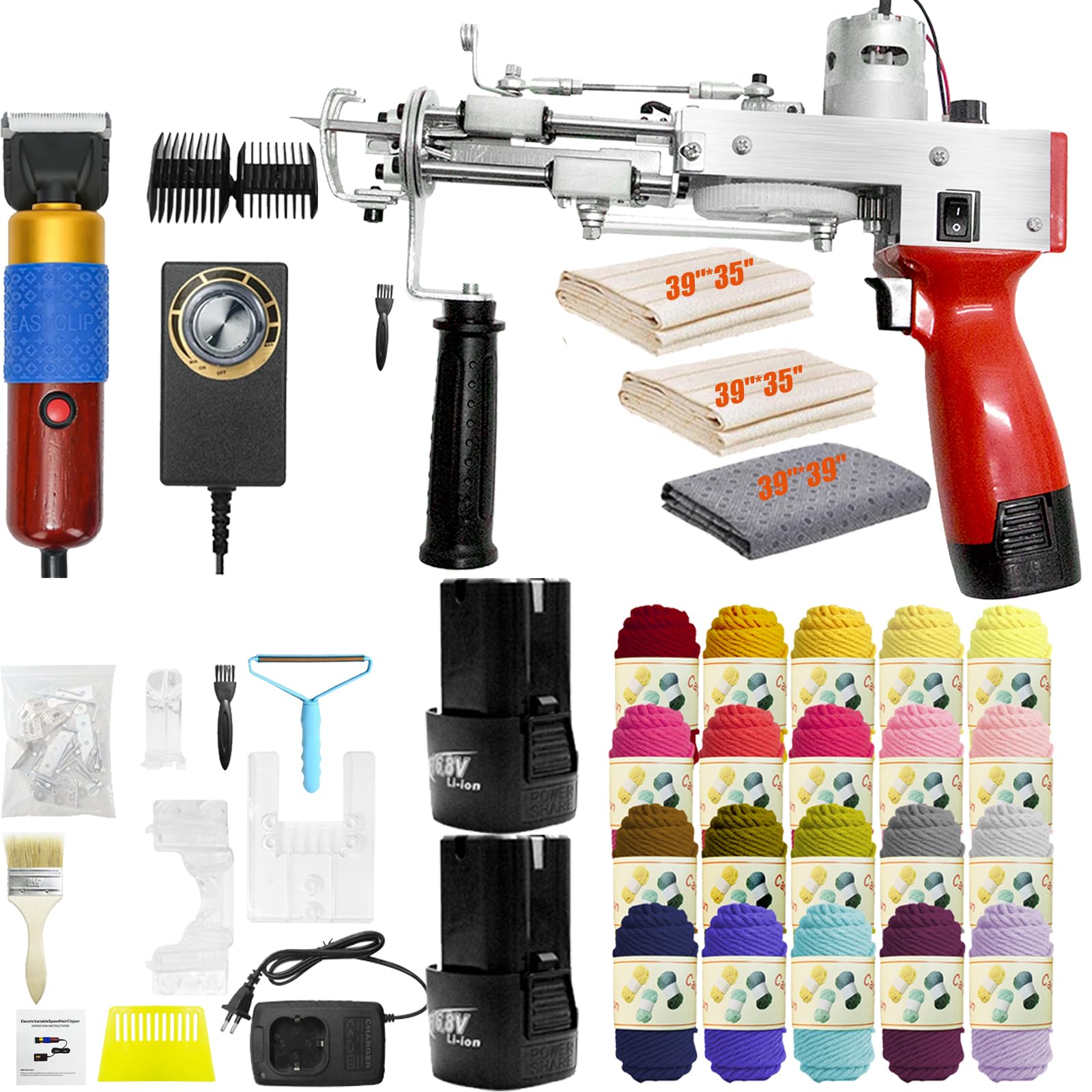 Aisny Pistola Mechones, Juego Mechones Máquina para Alfombras Cortador Alfombras 2 * 2600 mAh Batería para Pelo Cortado Y Pila Bucles 20 Rollos Hilo con Paños Mechones con Pistola Mechones