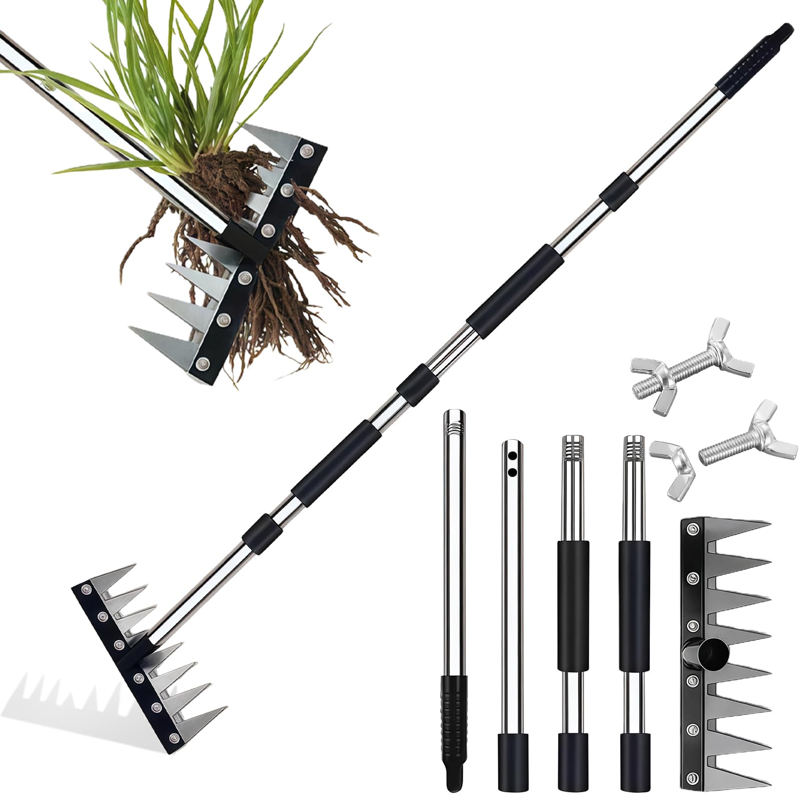 Rateau De Désherbage, Râteau Jardin avec Manche(155cm) Dents Râteau De Désherbage Multifonction en Acier au Manganèse pour Désherber, Desserrer et Semer (8 Dents)