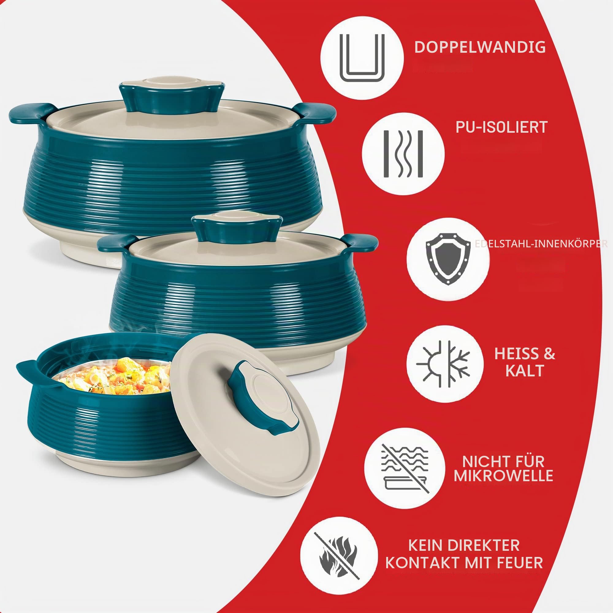 MILTON 3-teiliges Kasserollen-Set (850 ml, 1,35 l, 1,85 l), doppelwandiger Hotpot mit PU-Isolierung und Edelstahl-Innenseite, hält Lebensmittel warm/kalt, perfekt zum Servieren von Chapati, Roti