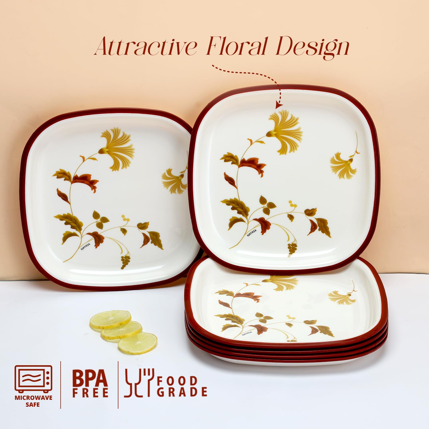 Nayasa Plato cuadrado DLX | Juego de 6 | Plato de aperitivos apto para microondas | Duradero y elegante | Perfecto para servir aperitivos, postres y comidas pequeñas | Vajilla de cocina | Granate