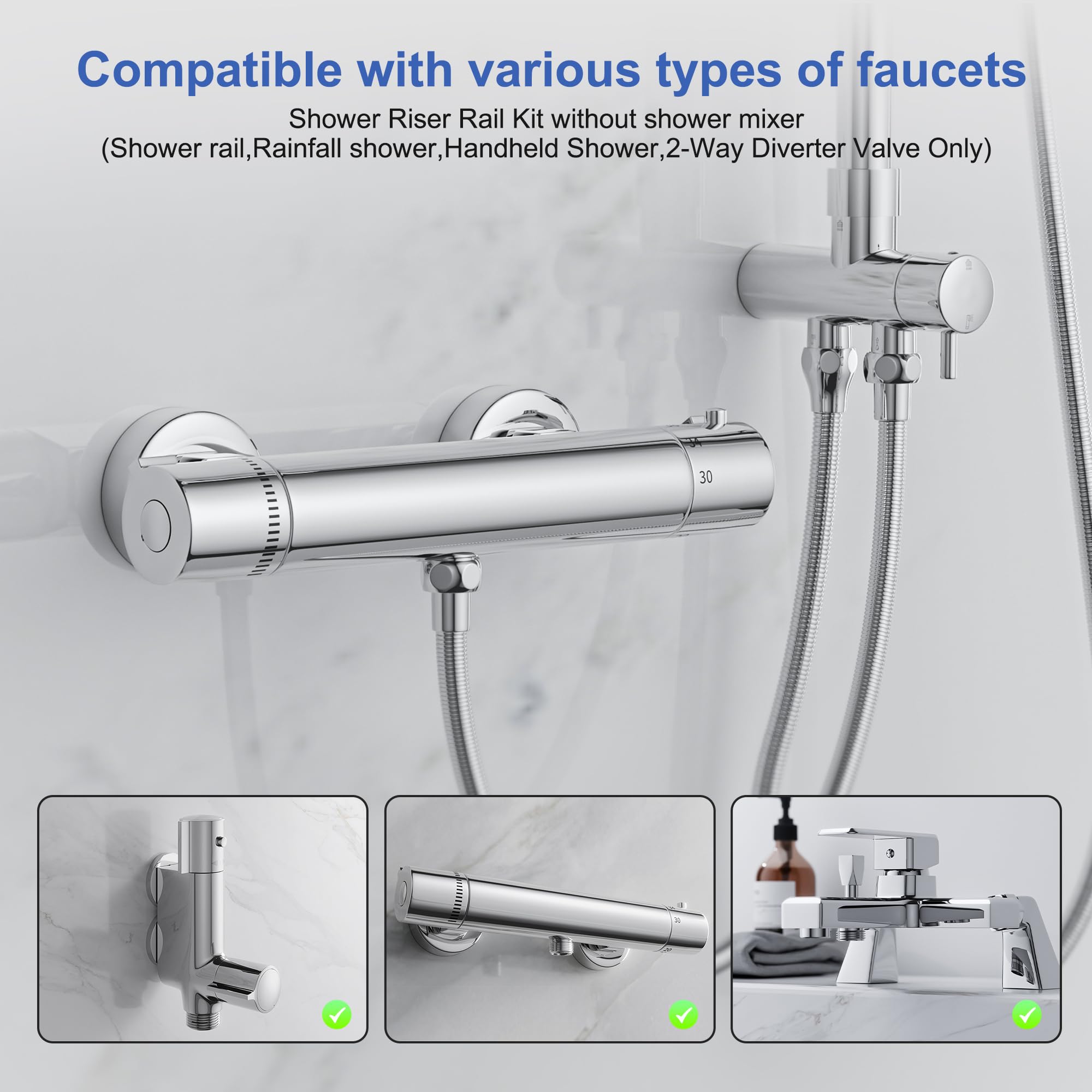 MORADO Shower Riser Rail Kit with Round Overhead Rainfall Shower Head,Adjustable Handheld Shower with Rotating Bracket,Without Shower Mixer Included,Chrome - Image 2