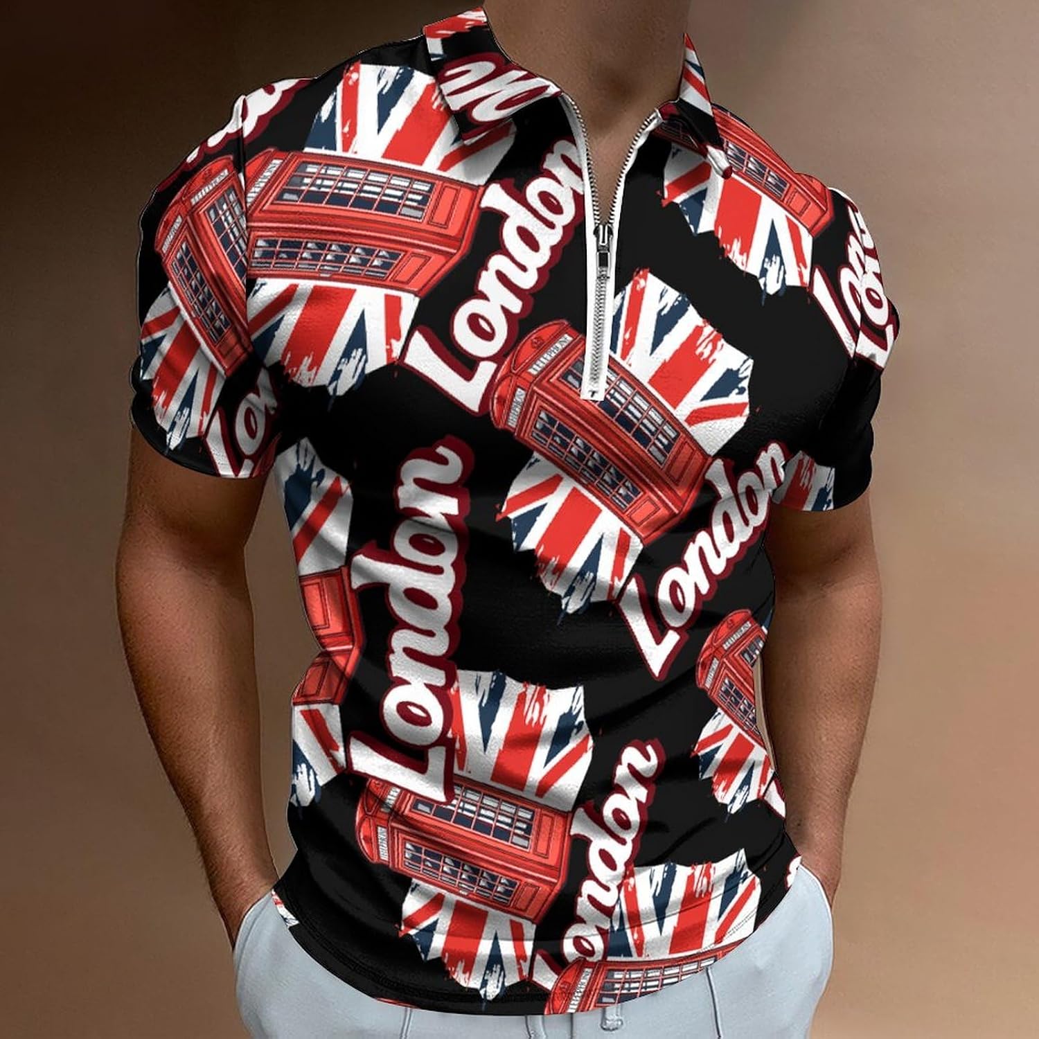 UK Phone Booth London Union Jack Men's Polo Shirts Golf Short Sleeve Tops | Casual Workout,Golf T-Shirt,Zippered Tee,Collared,Print