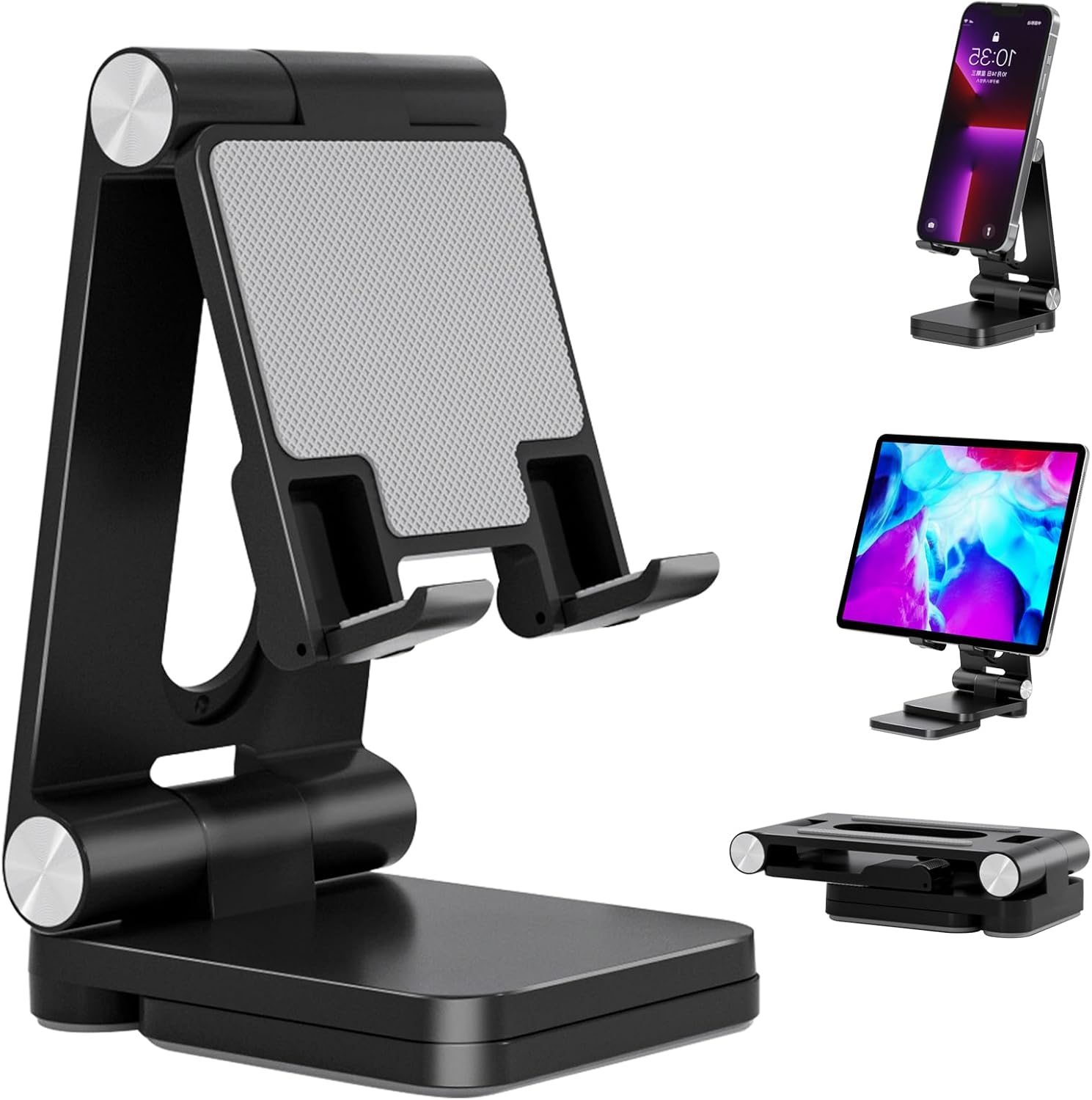 Folding Cell Phone Stand,Laptop Stand, Adjustable Height and Angle Foldable Cell Phone Stand Holder for Desk, Taller iPhone Stand Compatible with 4-11″ Smartphones iPad Tablet Laptop (Black)