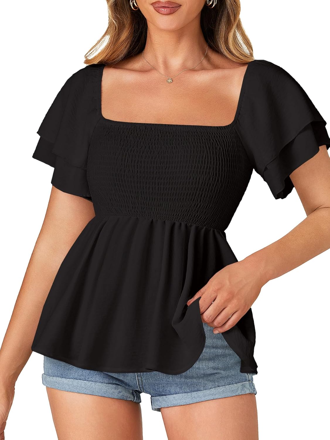 LYANER Women's Square Neck Smocked Peplum Top Ruffle Short Sleeve Babydoll Shirred Blouse