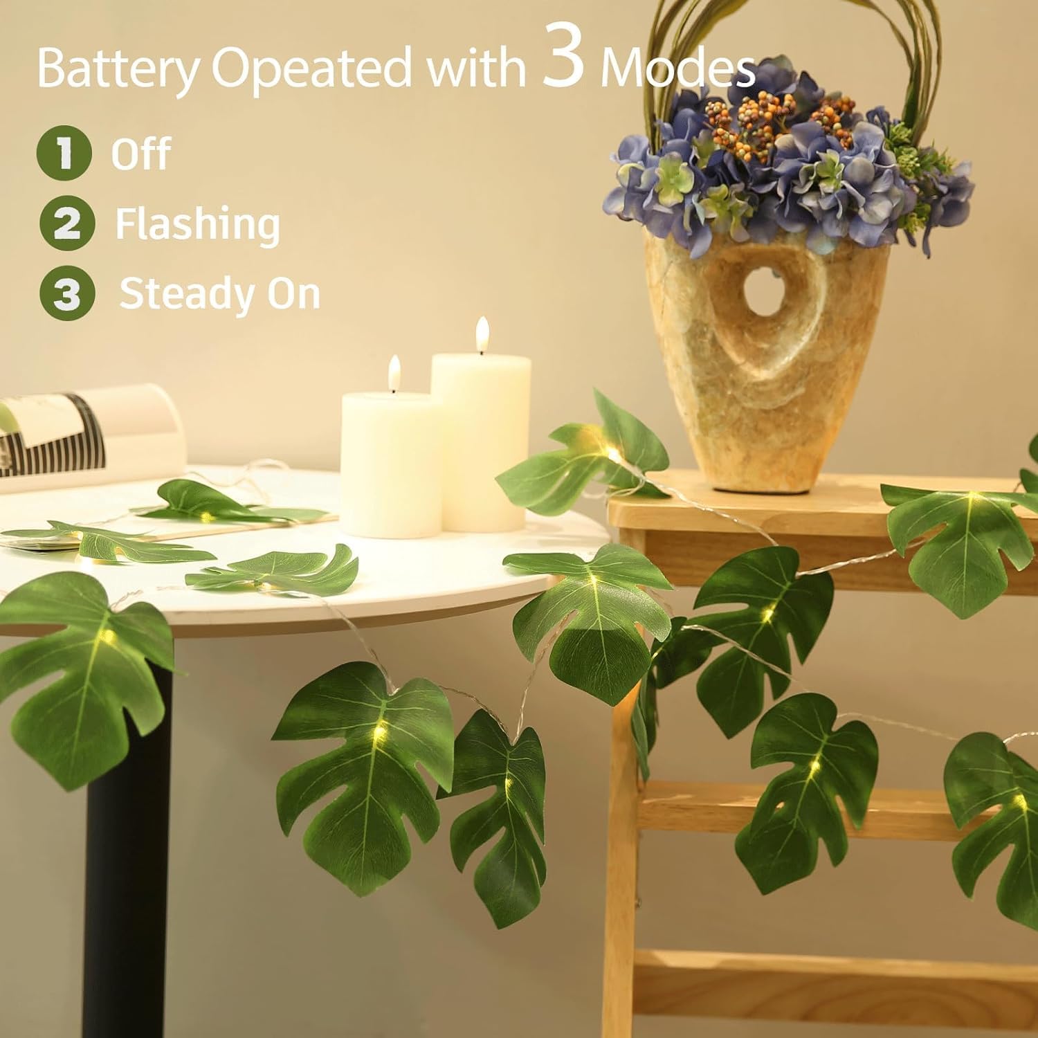 20 LED Monstera Palm Leaf String Lights, 10.3 Ft Battery Operated Tropical Palm Vine Lights for Hawaiian Party, Beach, Jungle, Indoor Outdoor Decorations