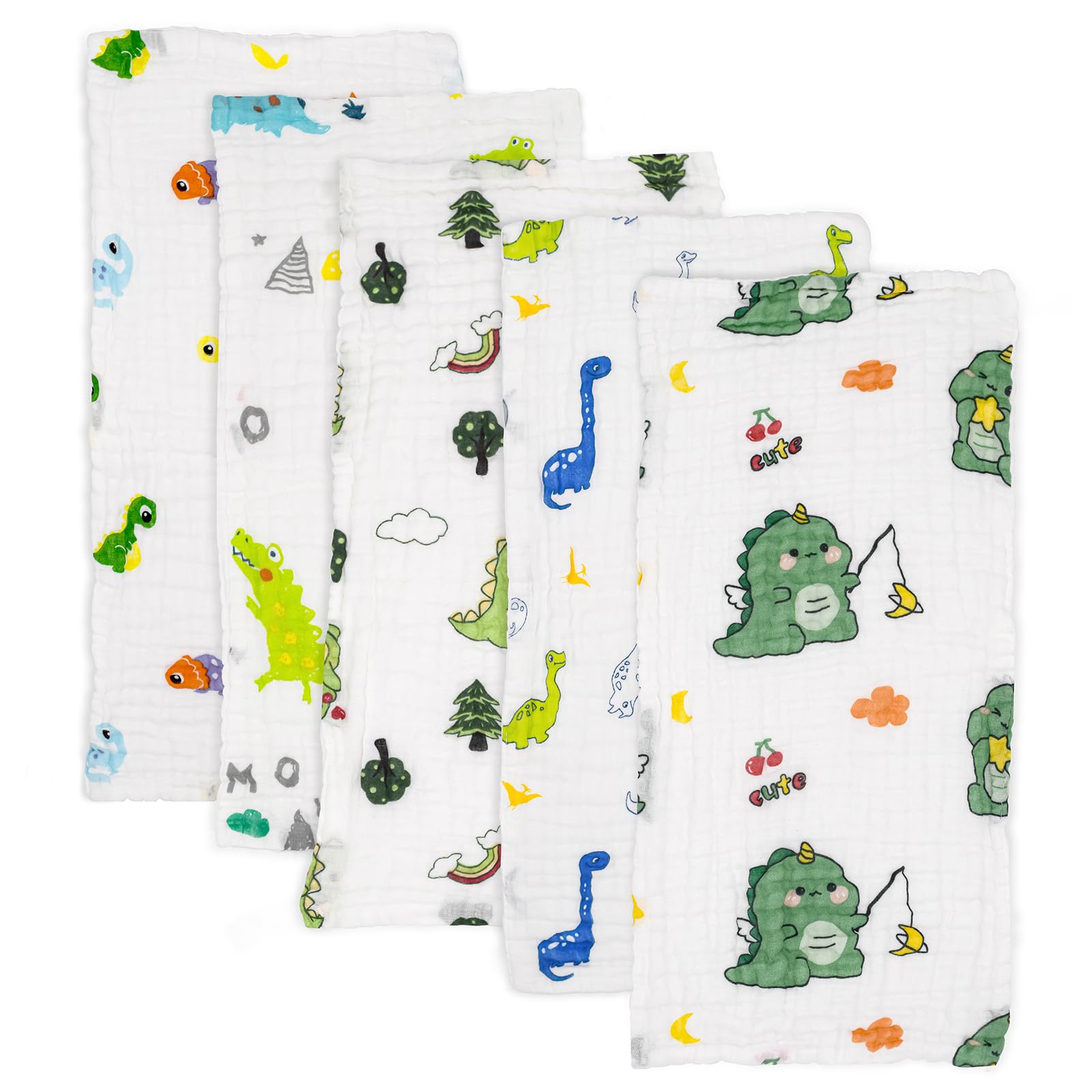 PENG'S M Baby Muslin Burp Cloths 5 Pack Dinosaur Burping Rags Super Soft Face Towel 100% Organic Cotton 20x10 Inches