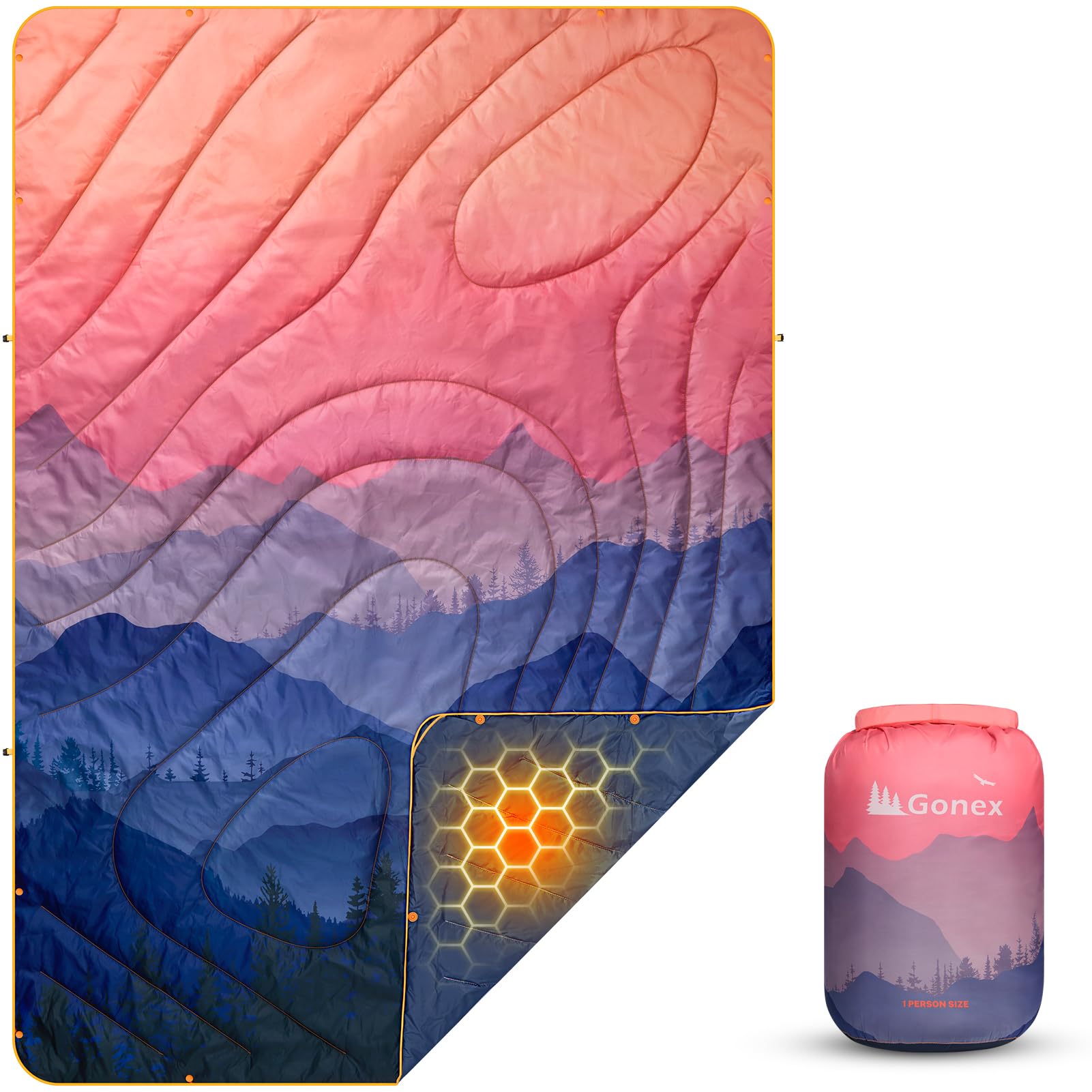 Gonex Camping Blanket with Aero-Warmth Tech Layer Puffy Printed Packable Blanket Ultralight Warm Wearable Water-Resistant Quilt for Outdoor