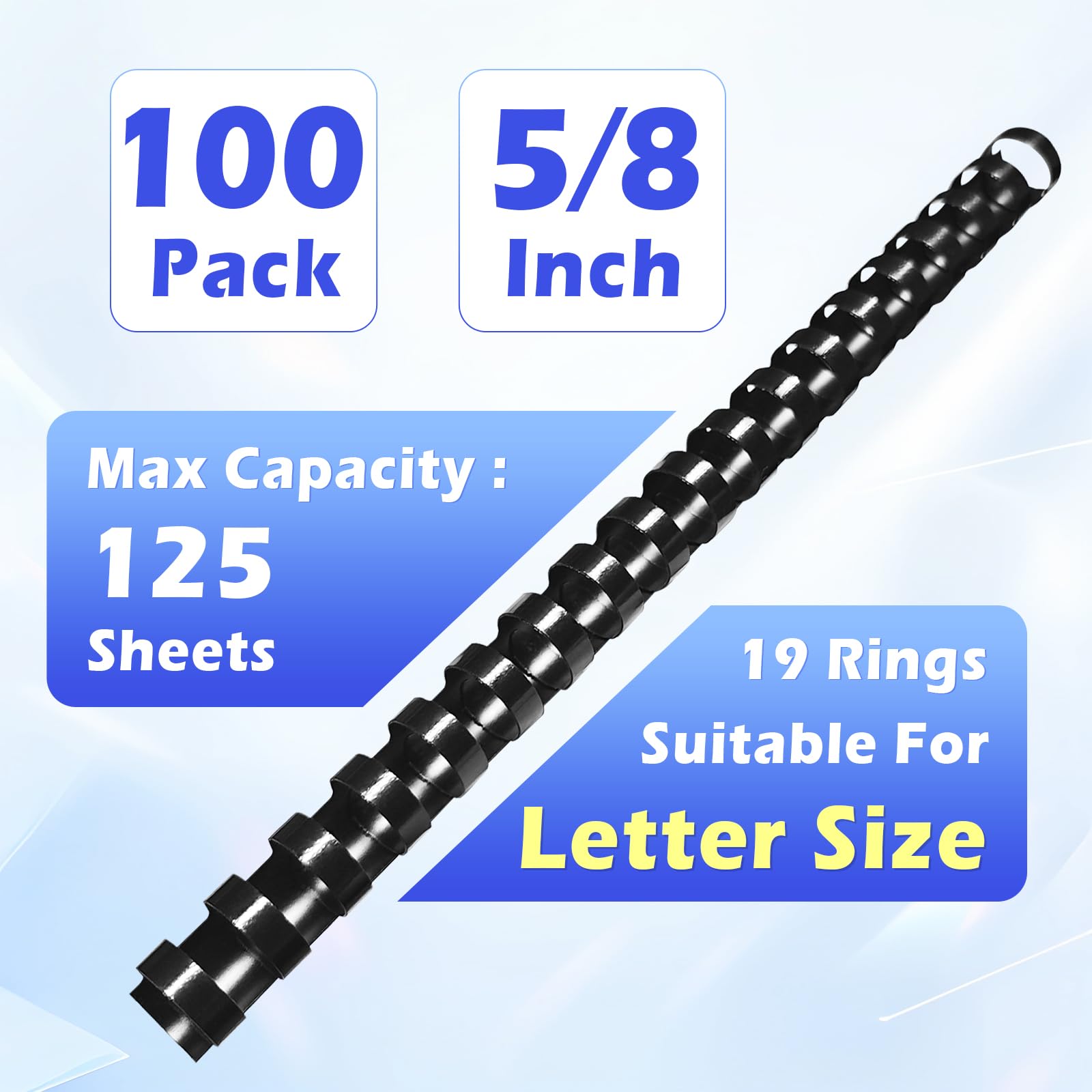 Amazon.com : TOTiyea 100 Pack 19 Ring Plastic Binding Combs, 5/8 Inch  Diameter, 125 Sheet Capacity, Letter Size, Black Comb Binding Spines :  Office Products
