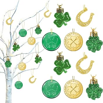 50PCS St. Patricks Day Decorations Shamrock Ornaments, 5 Styles Shamrock Clover Gold Coins Horseshoe Tree Decorations, Saint Patrick's Day Irish Hanging Ornaments for Spring Tree Party Favors