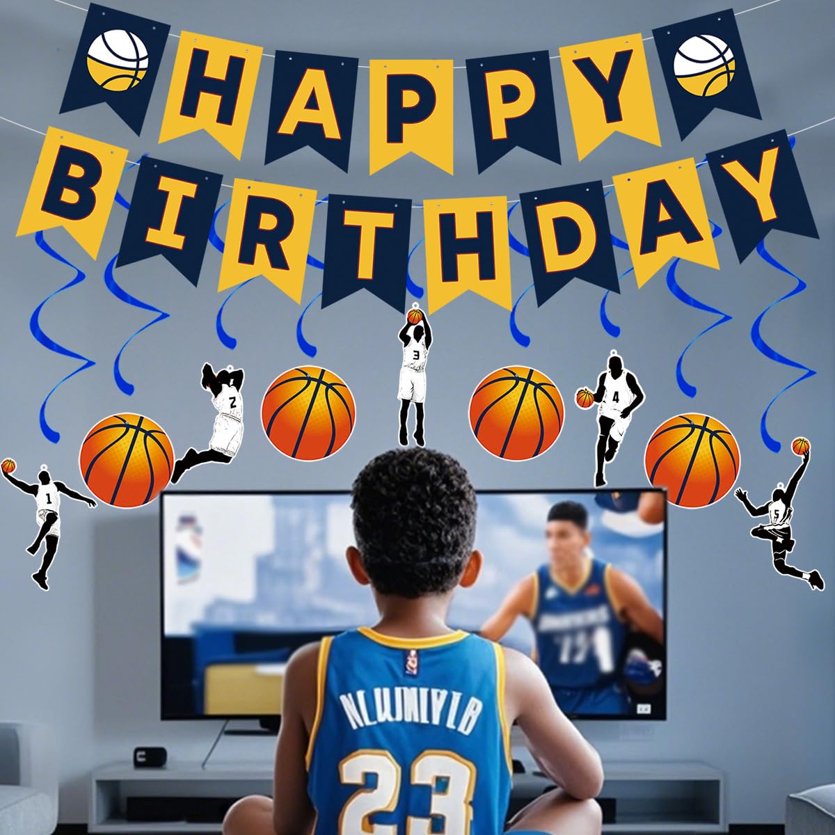 Juego de decoraciones de fiesta de cumpleaños de baloncesto para niños, pancarta de feliz cumpleaños, remolinos colgantes para niños y hombres, juego de baloncesto, tema deportivo, baby shower, fiesta