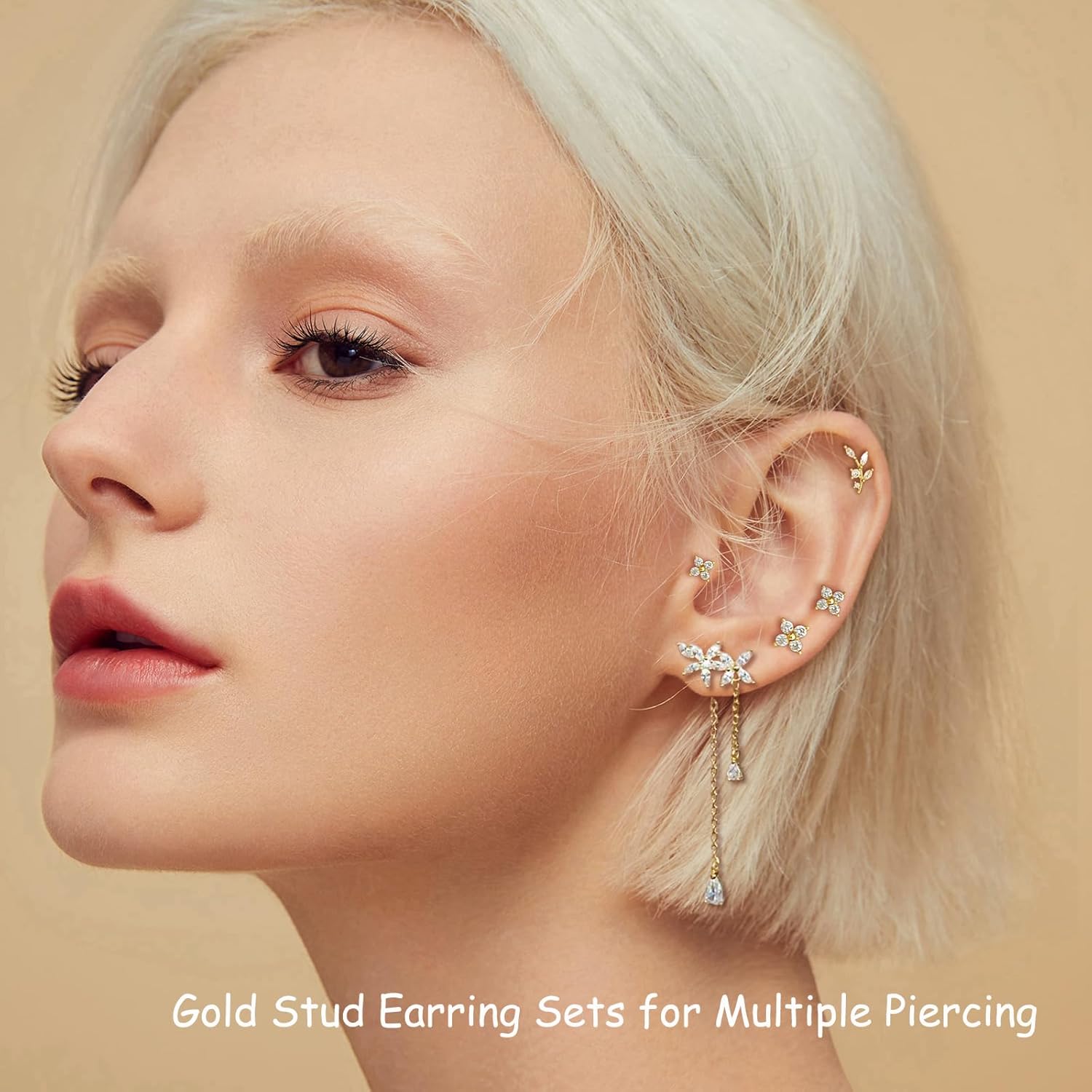 Gold Stud Earring Sets for Multiple Piercing Dainty Flower Leaf Butterfly CZ Dangle Earrings Stack Cartilage Huggie Hoops Earrings for Women - Image 2