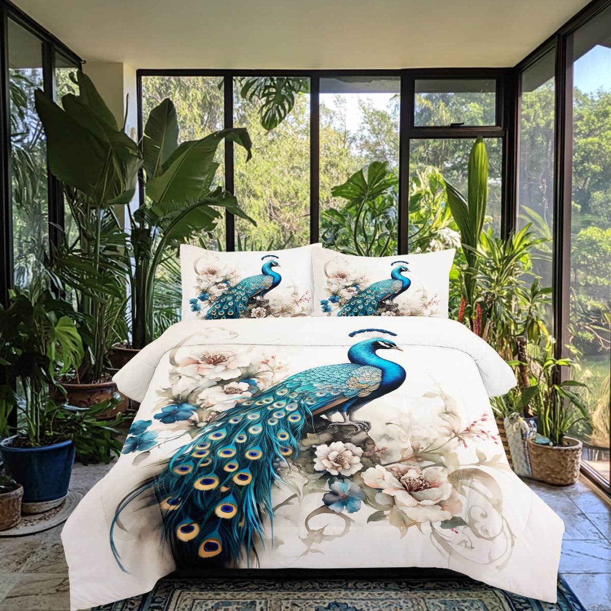 Teal Peacock Comforter Set Queen Size, Elegant Birds Flower Bedding Set for Women Girls, Watercolor Floral Decor Comforter, 3Pieces Ultar Soft Fluffy Quilt with 2 Pillowcases,90 * 90