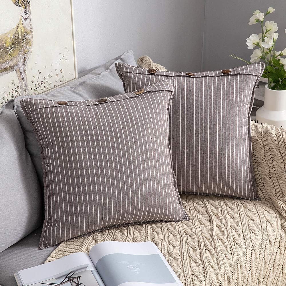 MIULEE Pack of 2 Farmhouse Decorative Throw Pillow Covers Button Linen Pillowcases Modern Stripe Lumbar Cushion Case for Couch Sofa Bedroom, 20 x 20 Inch, Coffee