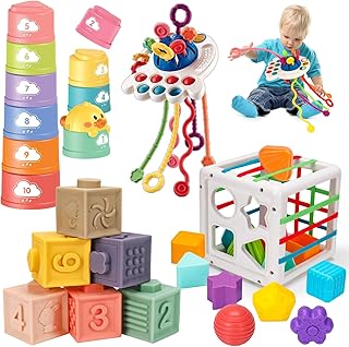 Montessori Baby Toys 6-12 Months, 4 in 1 Baby Sensory Toys with Stacking Cups, Shape Sorter, Stacking Building Blocks, Pull String Teething Toy, Montessori Toys for 1-3 Year Old Boy Girl Gift