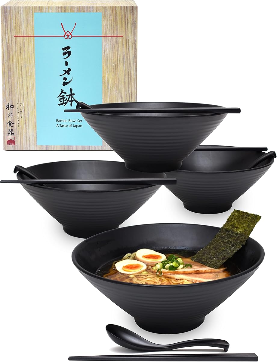 4 sets (12 piece) Large Japanese Ramen Noodle Soup Bowl Melamine Hard Plastic Dishware Set with Matching Spoon and Chopsticks for Udon Soba Pho Asian Noodles (4, Black)
