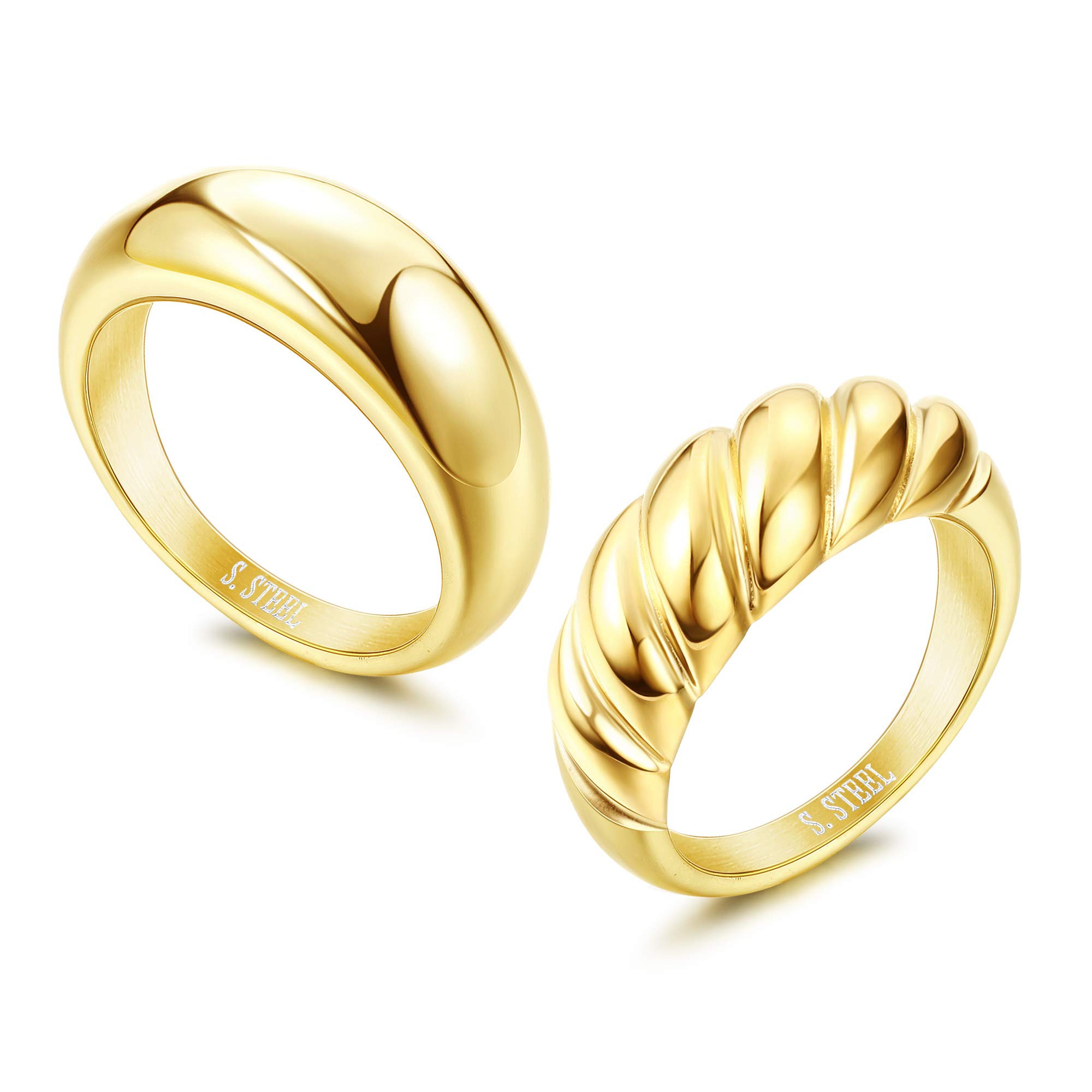 THUNARAZ 2Pcs 14K Gold Rings Chunky Rings for Women Thick Dome Ring Set Couple Croissant Stainless Steel Ring Minimalist Twisted Statement Jewelry Silver/Gold Size 5-10