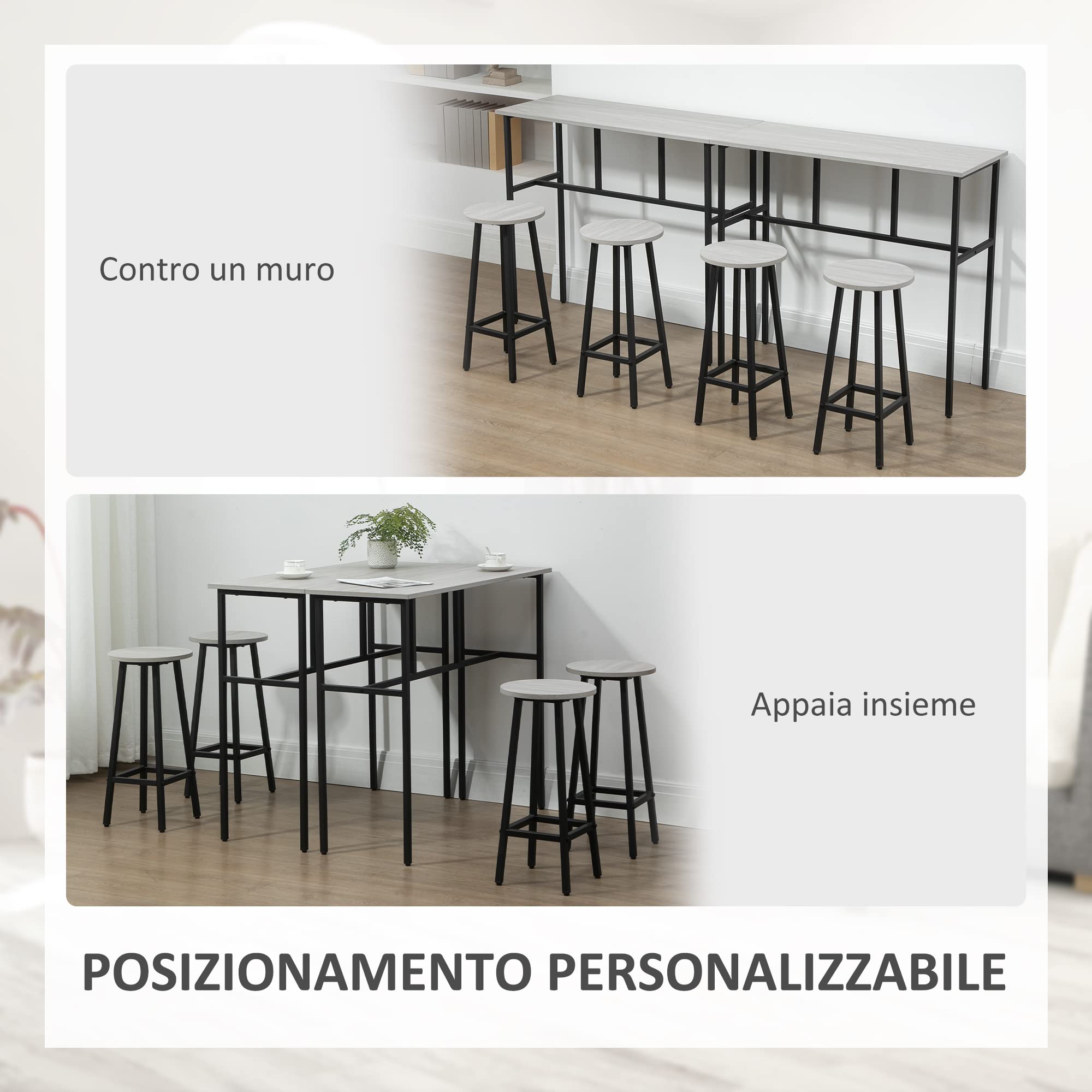 HOMCOM Set 6 Pz con 4 Sgabelli da Bar e 2 Tavoli Alti per Cucina e Soggiorno in Legno Truciolato e Acciaio, Grigio