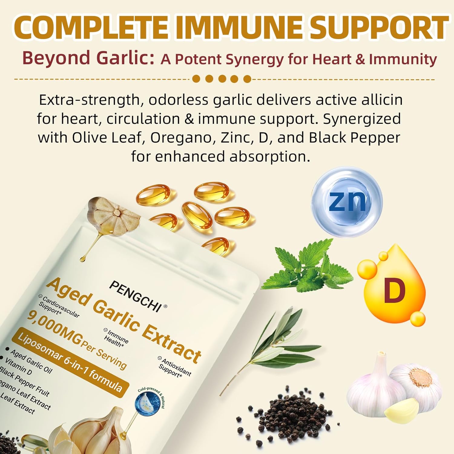 PENGCHI Odorless Aged Garlic Extract - 9000mg Odorless, Advanced Heart & Immune Support Formula with Vitamin D, Zinc, Oregano & Olive Leaf, High Potency Antioxidant Supplement, 300 Softgels