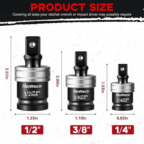 Miniatura 2 de Juego de 3 adaptadores de enchufe oscilante de impacto, juntas universales de acero de aleación de molibdeno cromado de 12 pulgadas, 38 pulgadas y