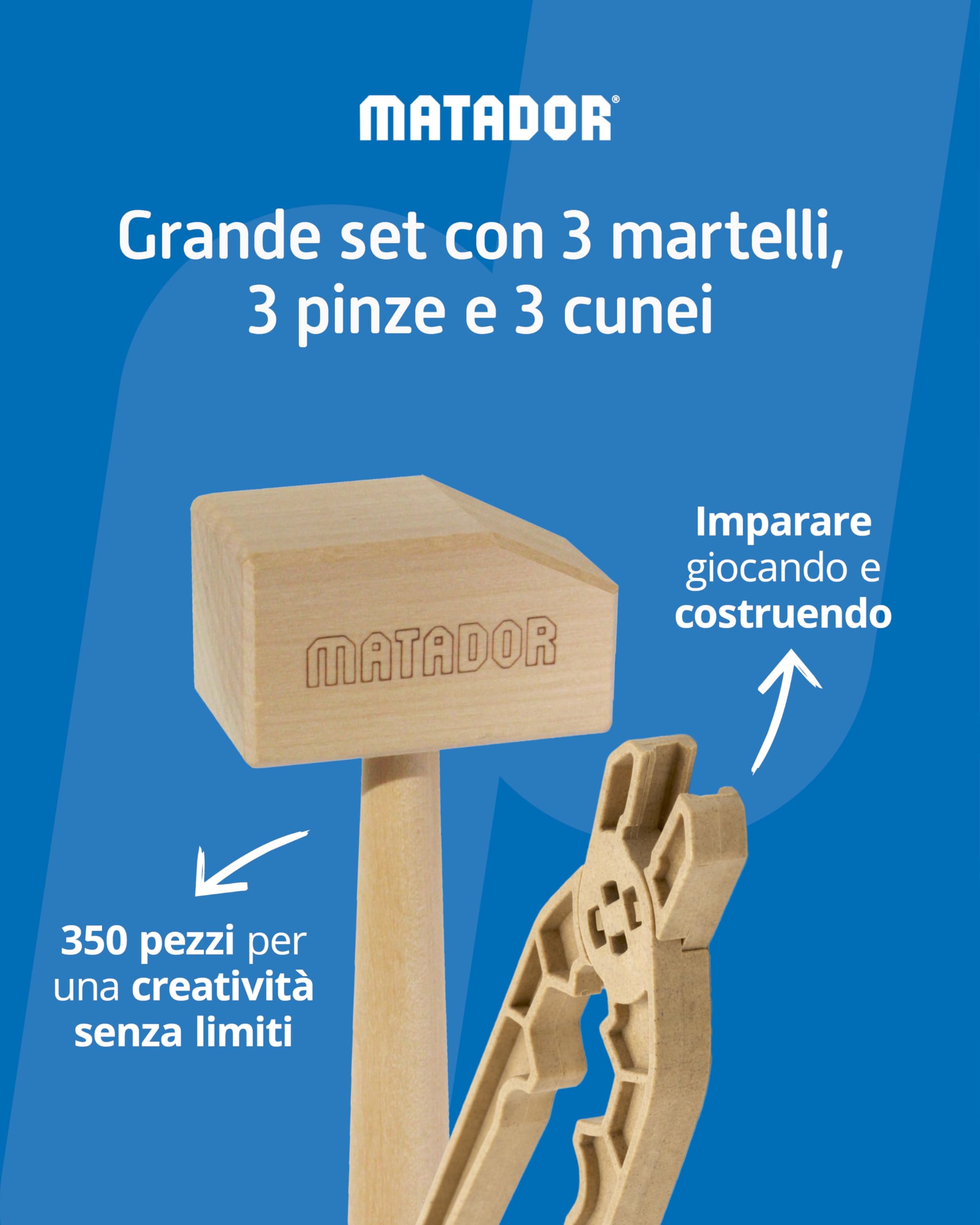 Matador Set di Costruzioni XL per Bambini da 3 Anni – 350 Pezzi | Gioco di Costruzioni in Legno coinvolgente per sviluppare creatività e motricità fine, con aste, Blocchi, Martello e Pinza