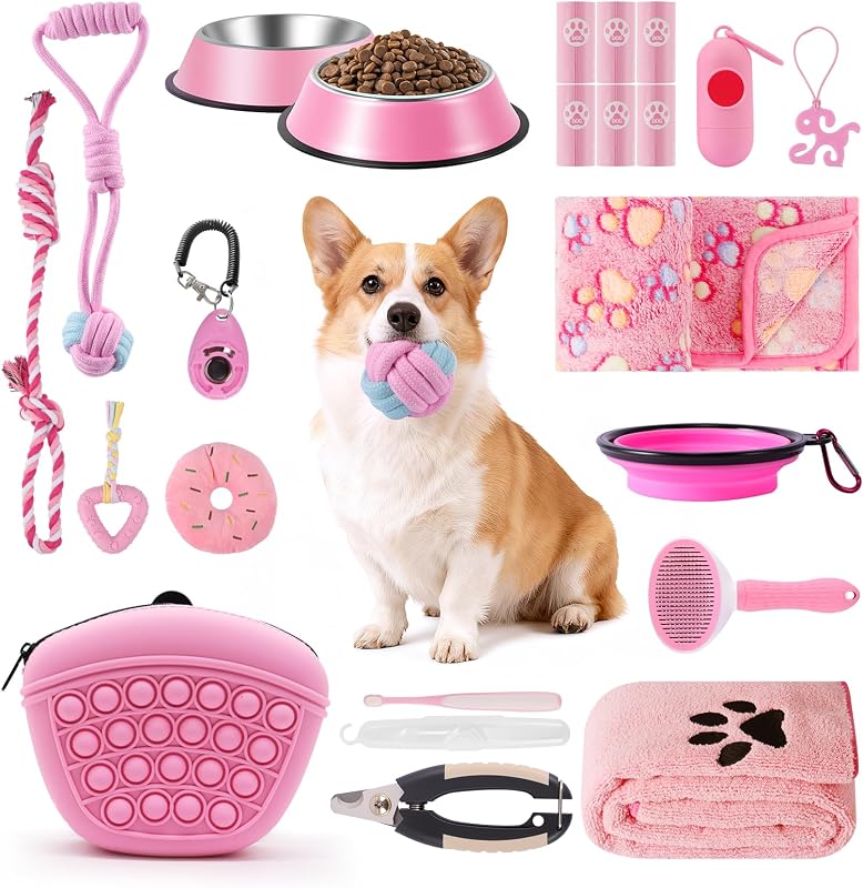 Puppy Supplies Starter Kit, Pink Puppy Essentials for Small Dogs | Bowls, toys, toothbrush, treat pouch and more in one pink puppy kit; ideal welcome home gift for small dogs and new puppies