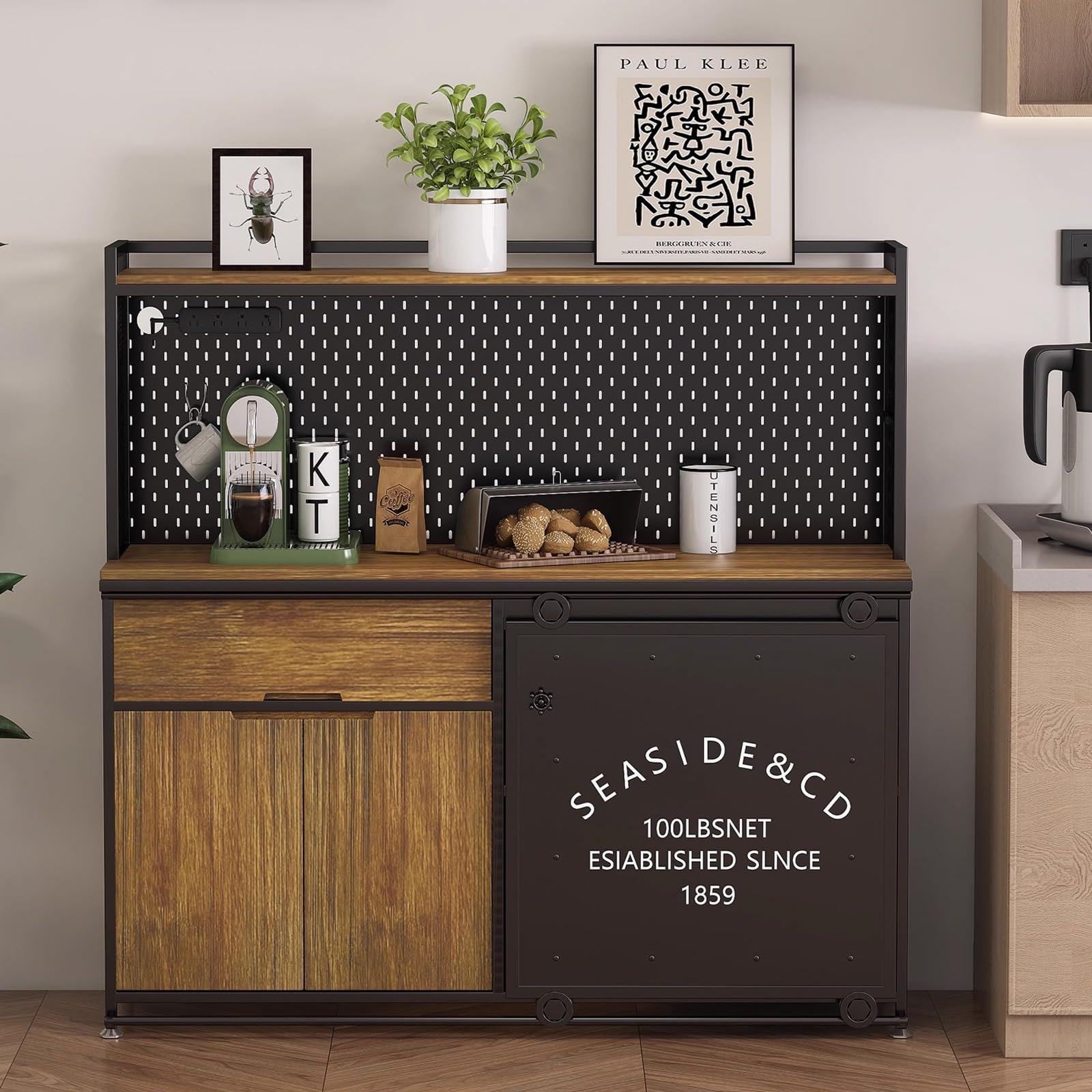 Meuble de Cuisine avec Plan de Travail, Meuble de Bar à Café de Ferme, Étagère de Boulanger en Bois, Panneau Perforé Suspendu DIY, Portes D'armoires Coulissantes
