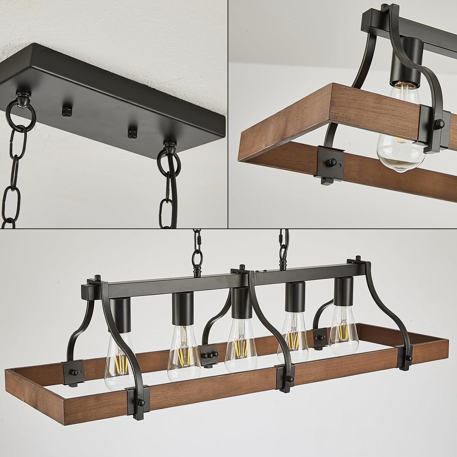 Farmhouse Chandeliers for Dining Room, 5-Light Rustic Kitchen Island Light Fixture, Wood Linear Industrial Black Rectangular Ceiling