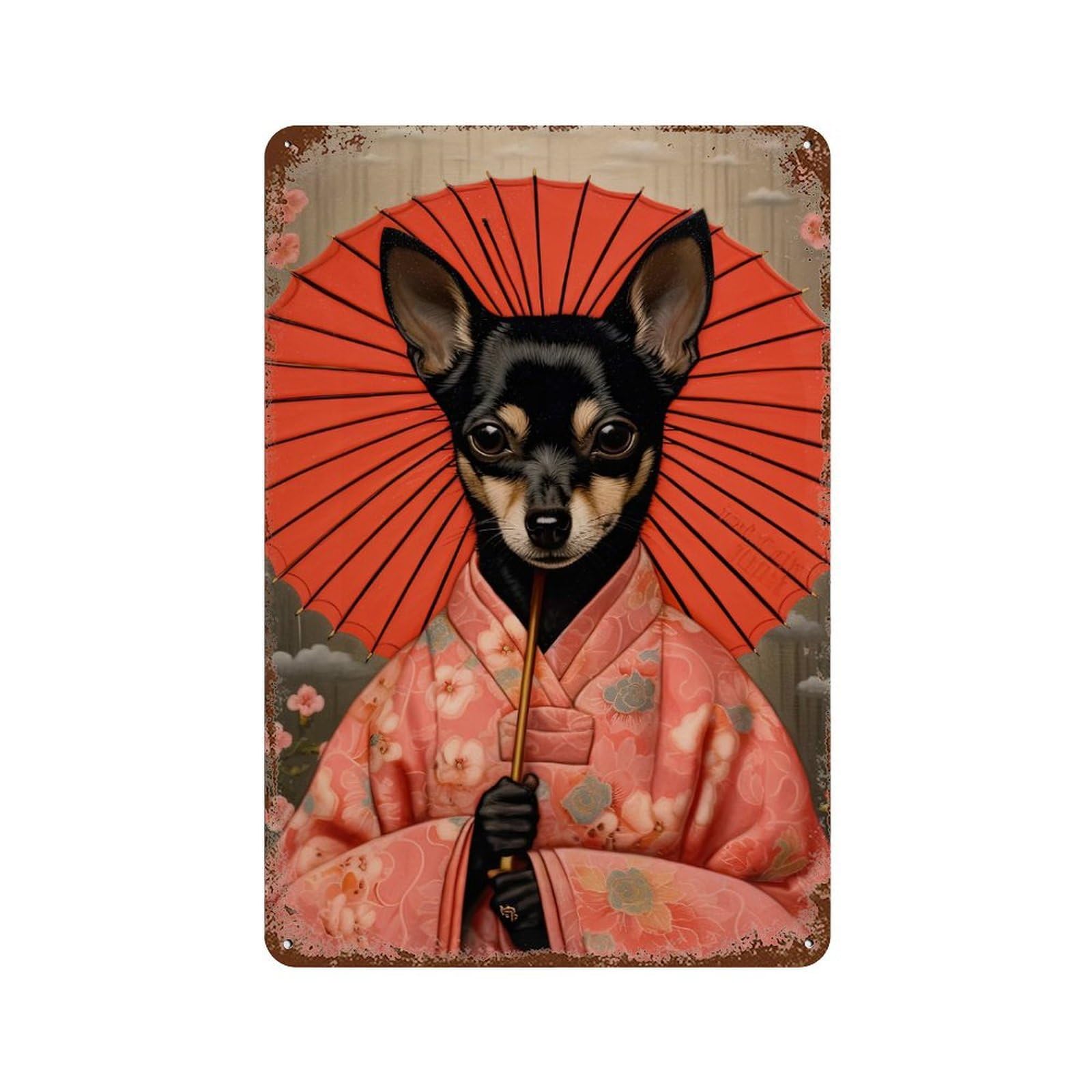Garage Style Miniature Pinscher Geisha Aged Metal Wall Plaque 11.8"x7.9", Novelty Wall Decor for Bar And Workshop