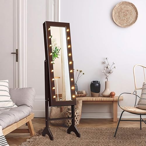 Miniatura 2 de Giantex Armario de joyería de pie con 18 luces LED alrededor de la puerta gabinete de joyería grande con espejo de longitud completa 16 soportes