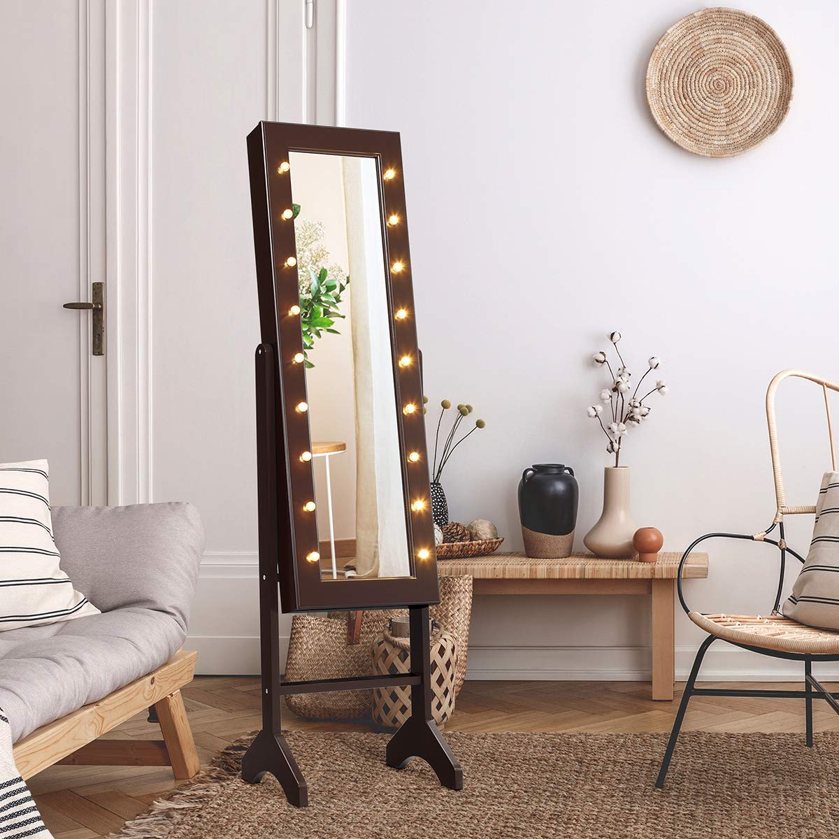 COSTWAY Armario para Joyas Espejo Joyero de Pie con 18 LED, Inclinación Ajustable, Marrón