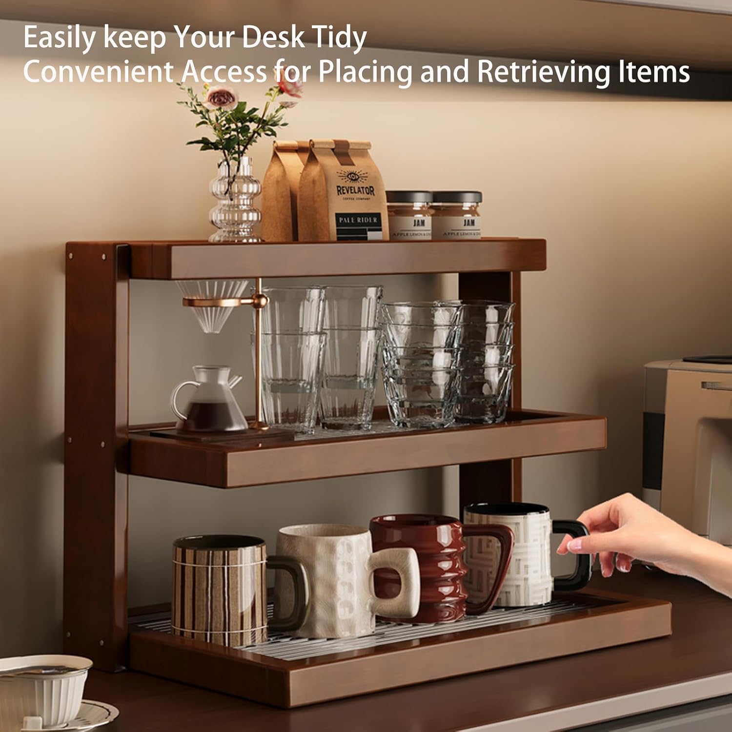 3-Tier Countertop Organizer, Narrow Kitchen & Bathroom Shelf with Raised Edges for Spices, Makeup, Space-Saving Storage Rack (3-tier walnut finish with drawers)