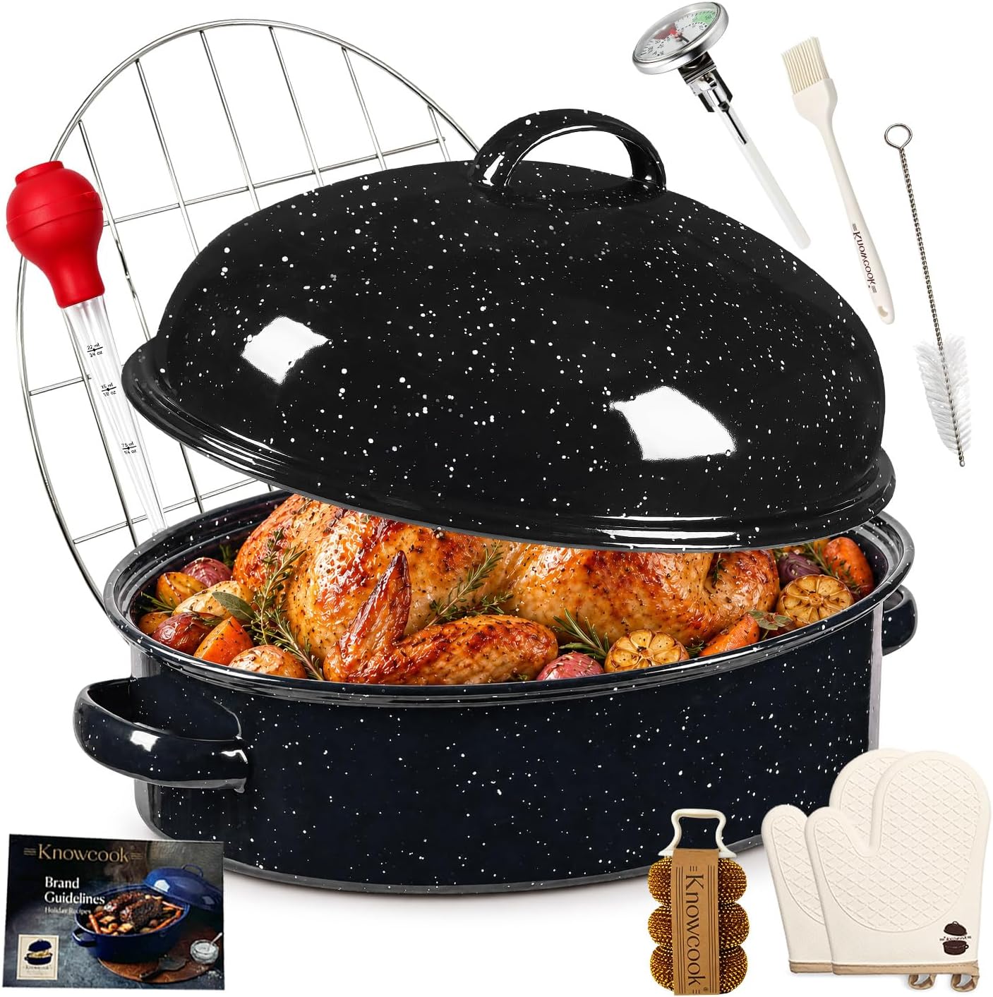 Enamel Turkey Roasting Pan with Lid & Rack 18-Inch Granite Black