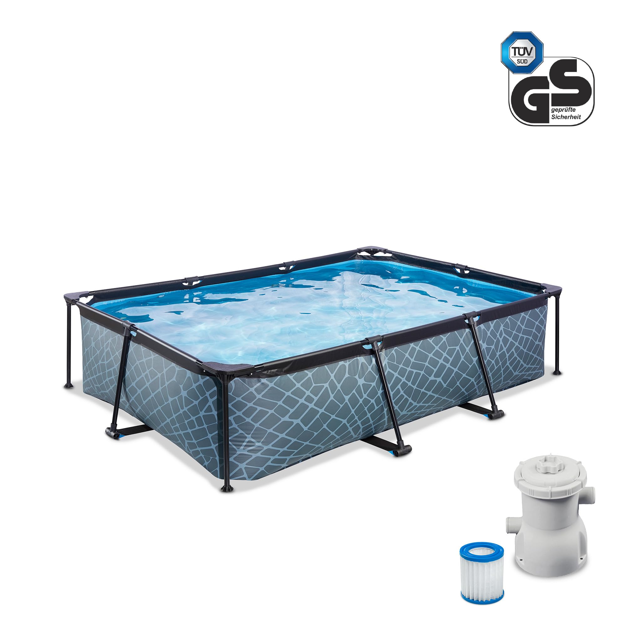 EXIT Toys Aufstellpool Rechteckig 300 x 200 x 65 cm mit Filterpumpe Garten Rahmenpool Stone Grau