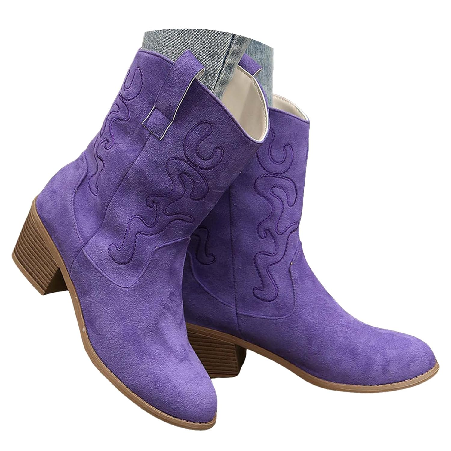 Cowboy Mid Calf Boots for Women Suede Stylish Wide Calf V-Cut Embroidered Print Chunky Block High Heel Almond