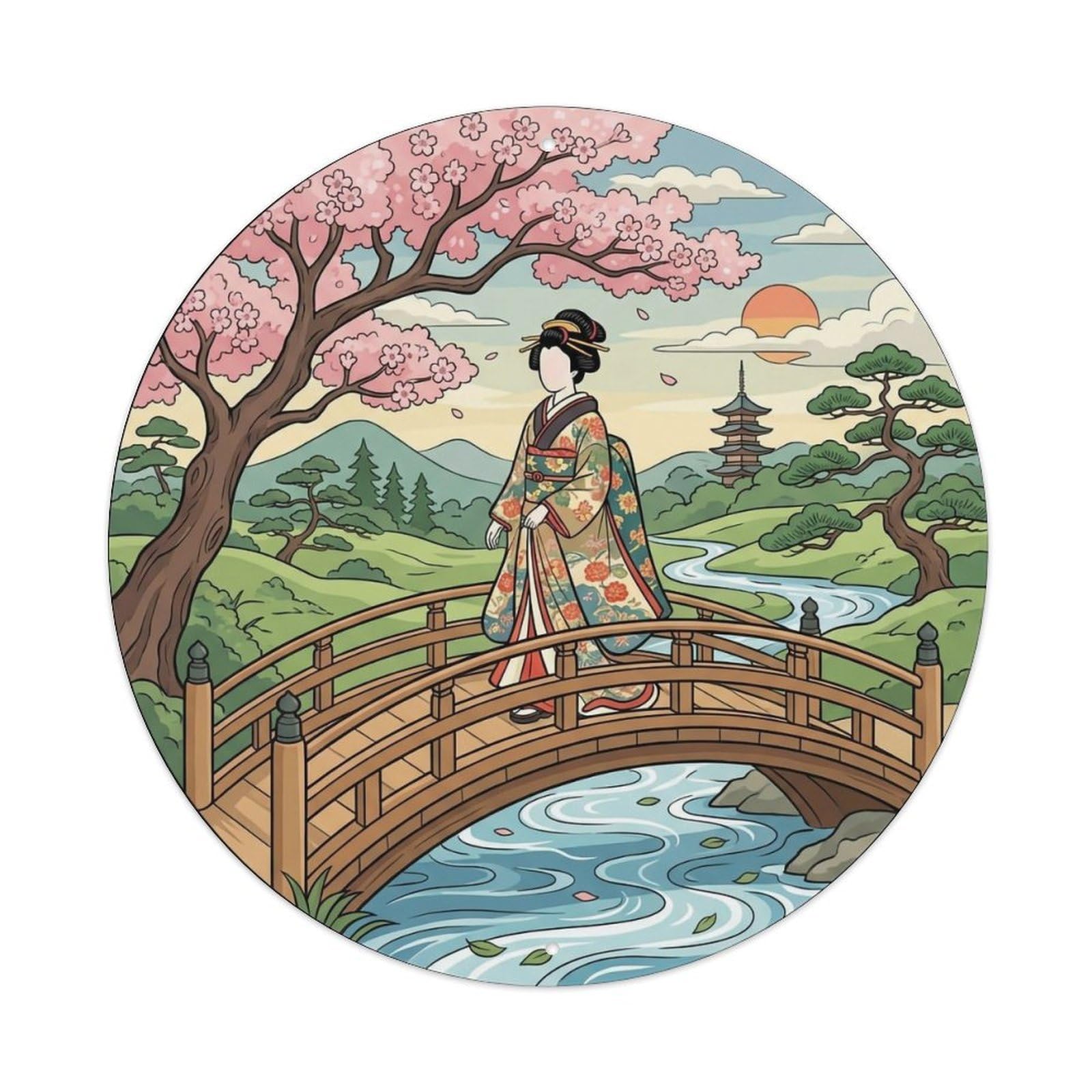 Yrnq 8X8inch Vintage Style Japanese Geisha Wooden Bridge Stream Crossing Metal Tin Sign
